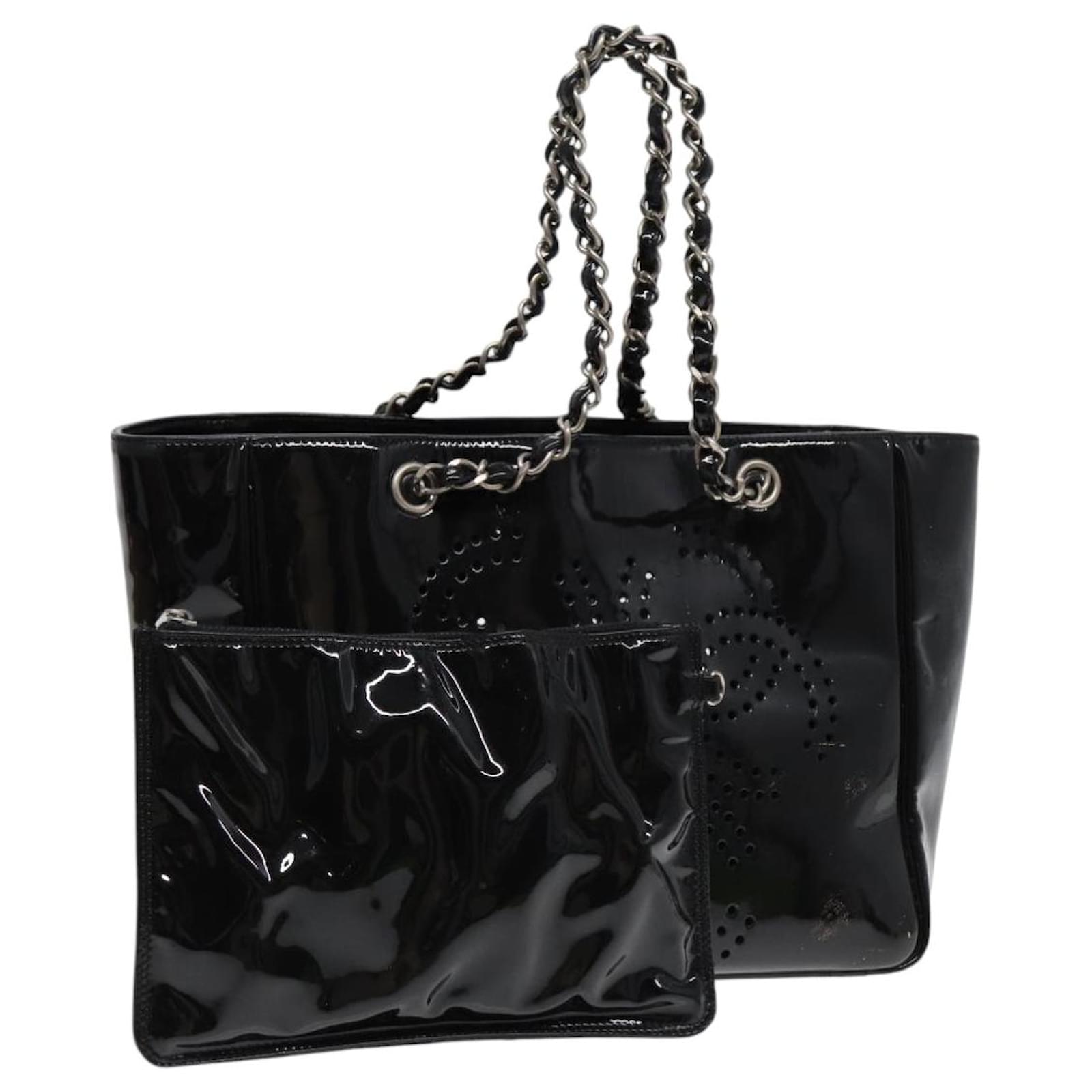 CHANEL Ketten Tote Tasche Lackleder Schwarz Silber CC Auth 86039
