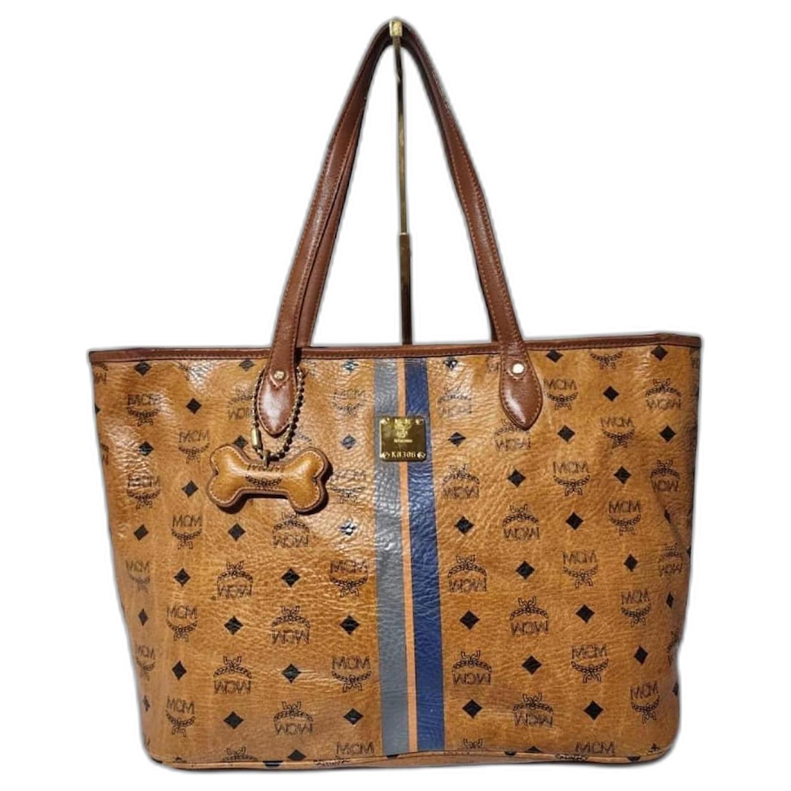 MCM Visetos Striped Shopper Tote Bag Cognac Brown Leather