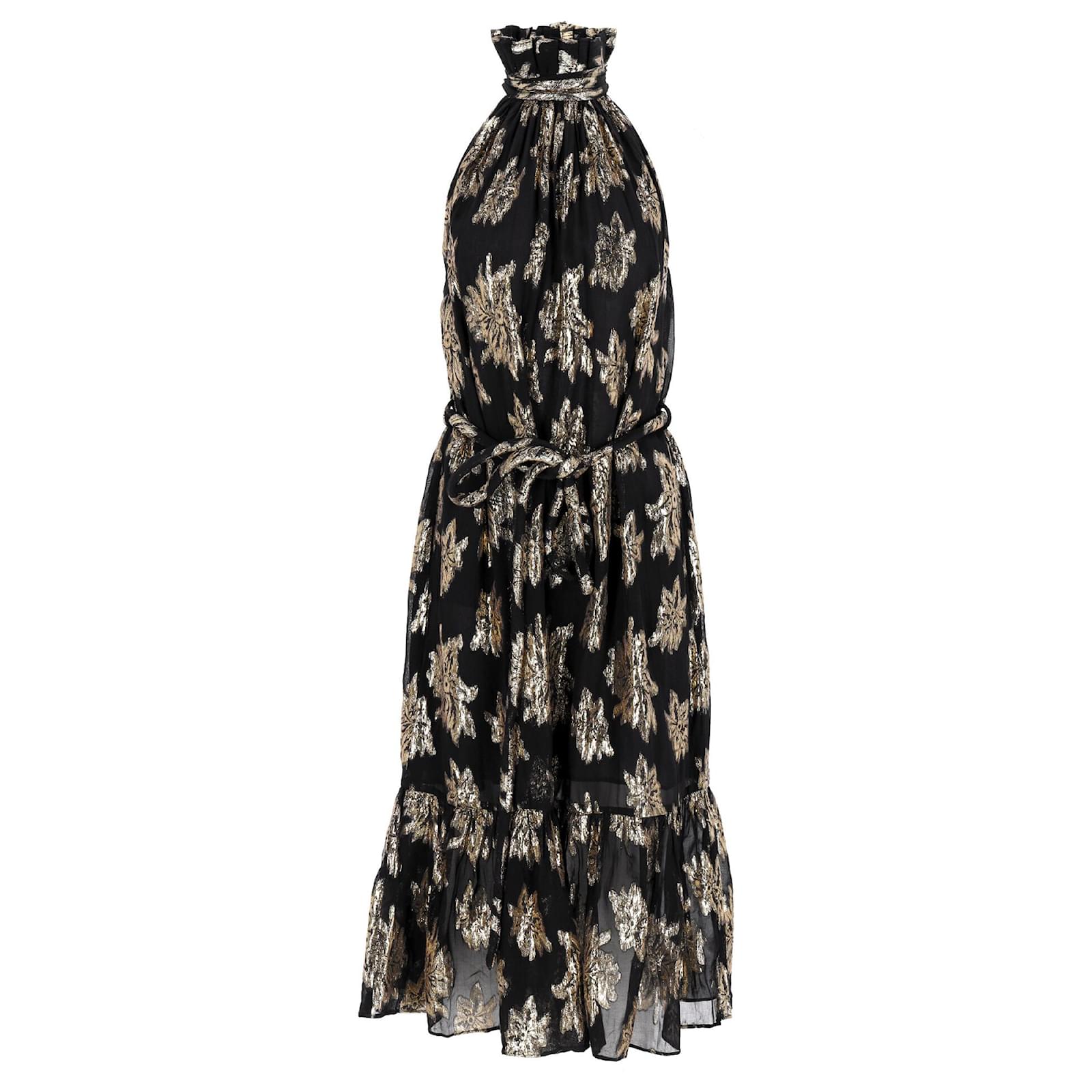 Iro Laza Metallic Fil Coup Midi High Neck Belted Dress in Black and Gold  Viscose Cellulose fibre ref.JC1628354 (Sold) - Joli Closet