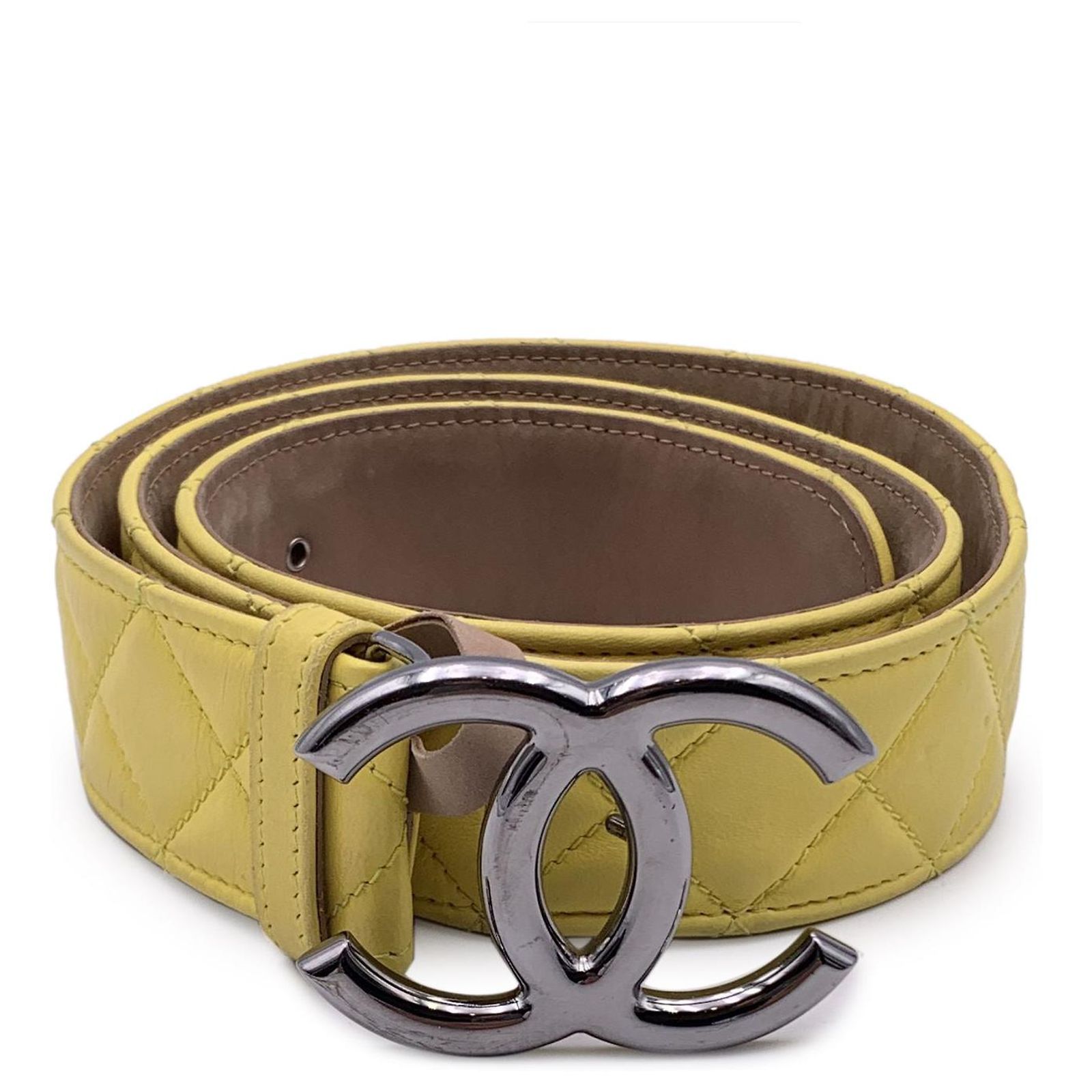 Chanel Yellow Quilted Leather Silver CC Logo Buckle Belt 