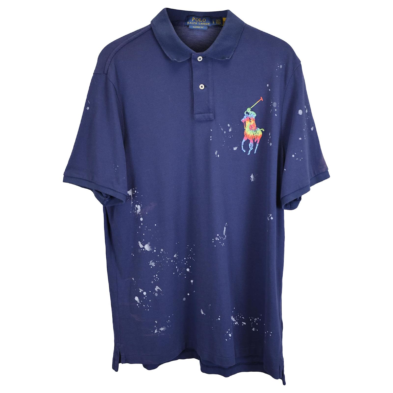 Polo Ralph Lauren Pony Paint Splatter Polo Shirt in Navy Blue Cotton ref.1628389 Joli Closet