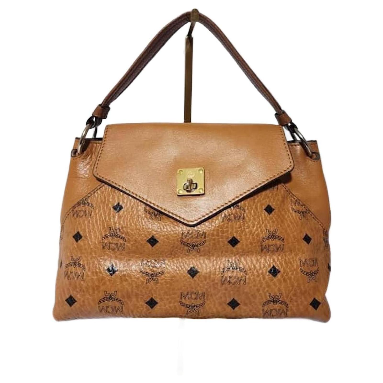 MCM Visetos Calfskin Top Handle Bag Cognac Brown Leather ref