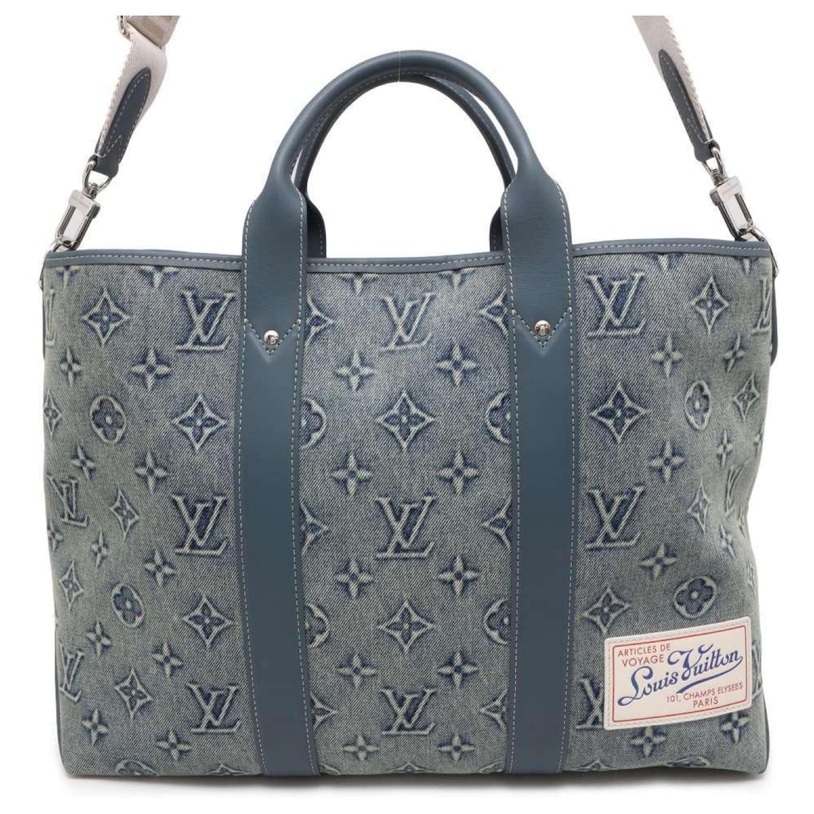 Louis Vuitton Monogram Washed Denim Tote Bag Blue Patent leather