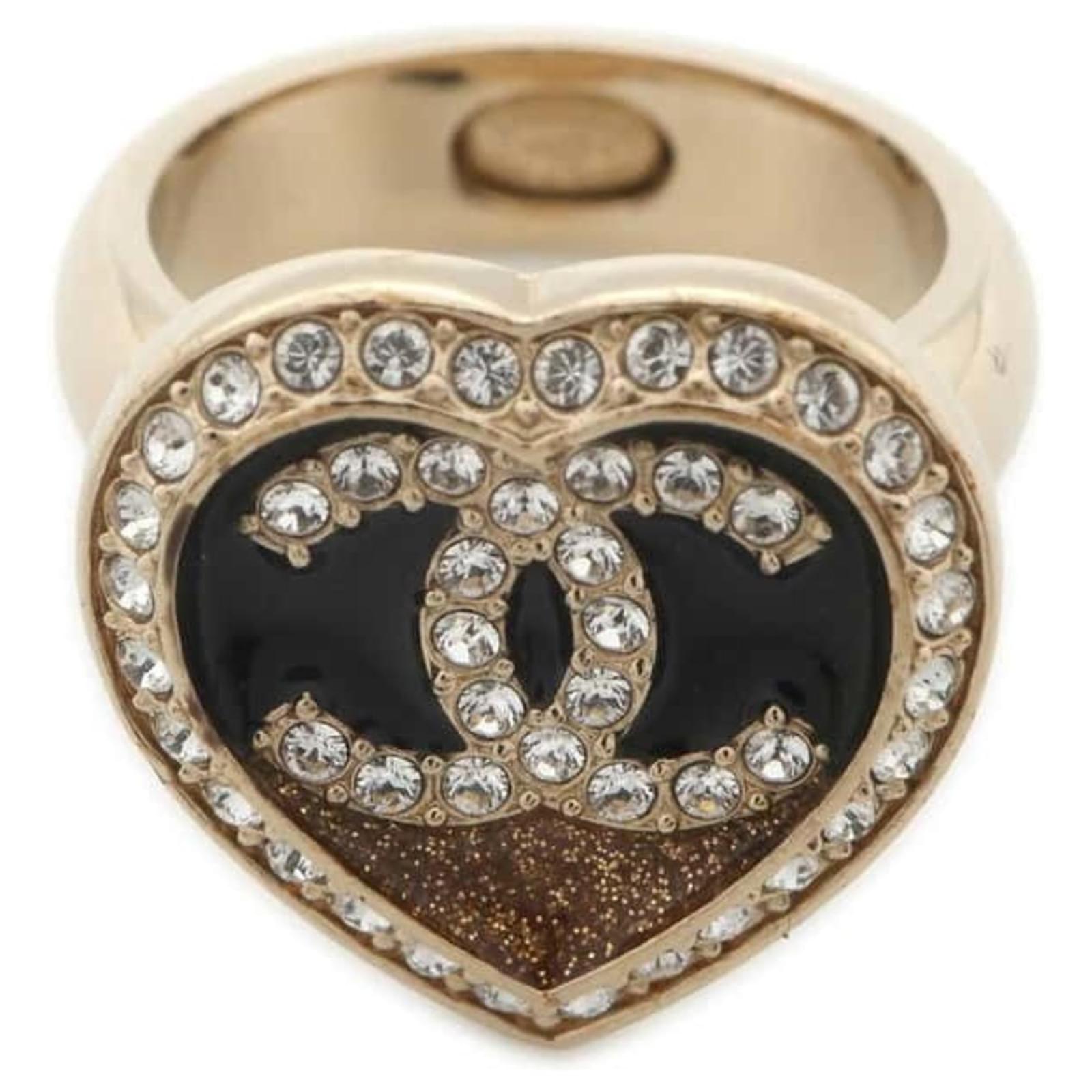 Chanel Coco Mark Heart Rhinestone Band Ring Golden Metal ref