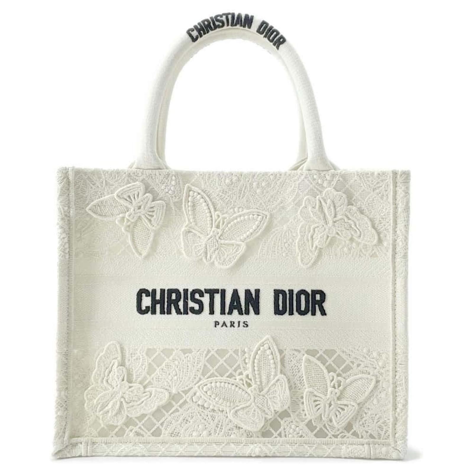 Christian Dior Handbag Book Tote with Butterfly Embroidery White
