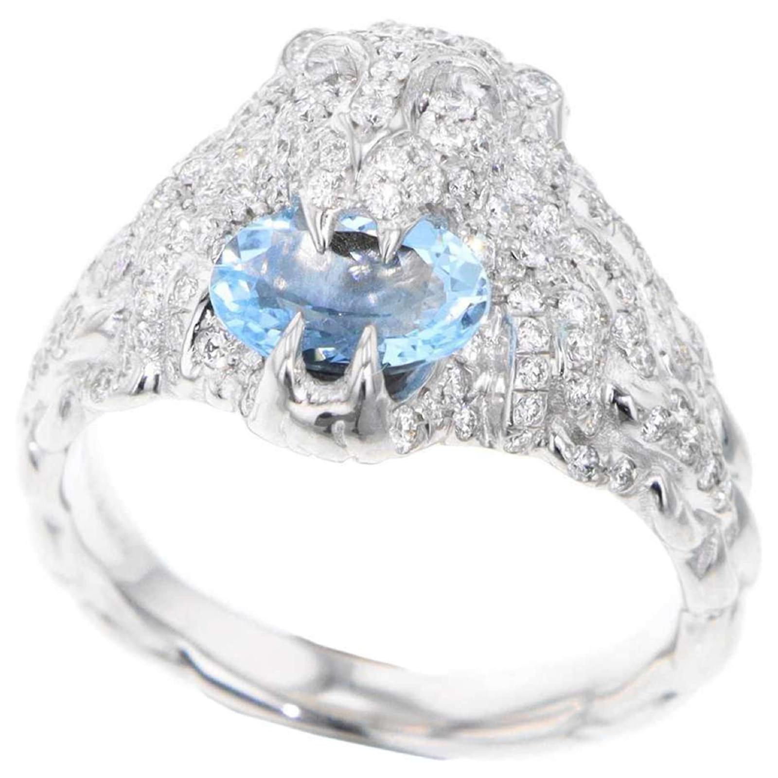 Bague en diamant aquamarine avec tête de lion Gucci Or blanc Doré