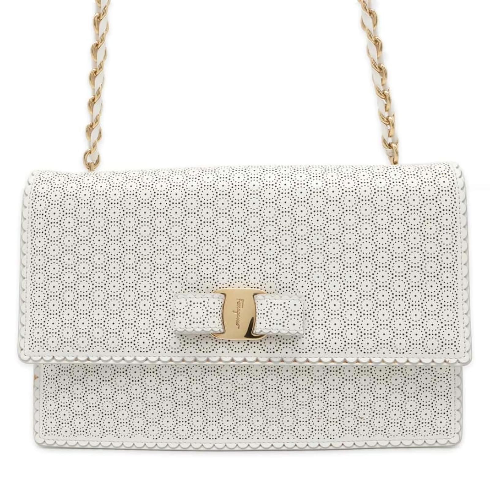 Salvatore Ferragamo White Vara Perforated Leather Shoulder