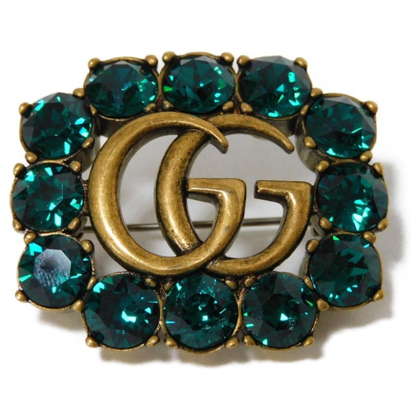 GUCCI ブローチ グリーン クリスタル ダブルG 903450 Gucci GG Marmont Crystal Rhinestone Brooch Green Metal ref