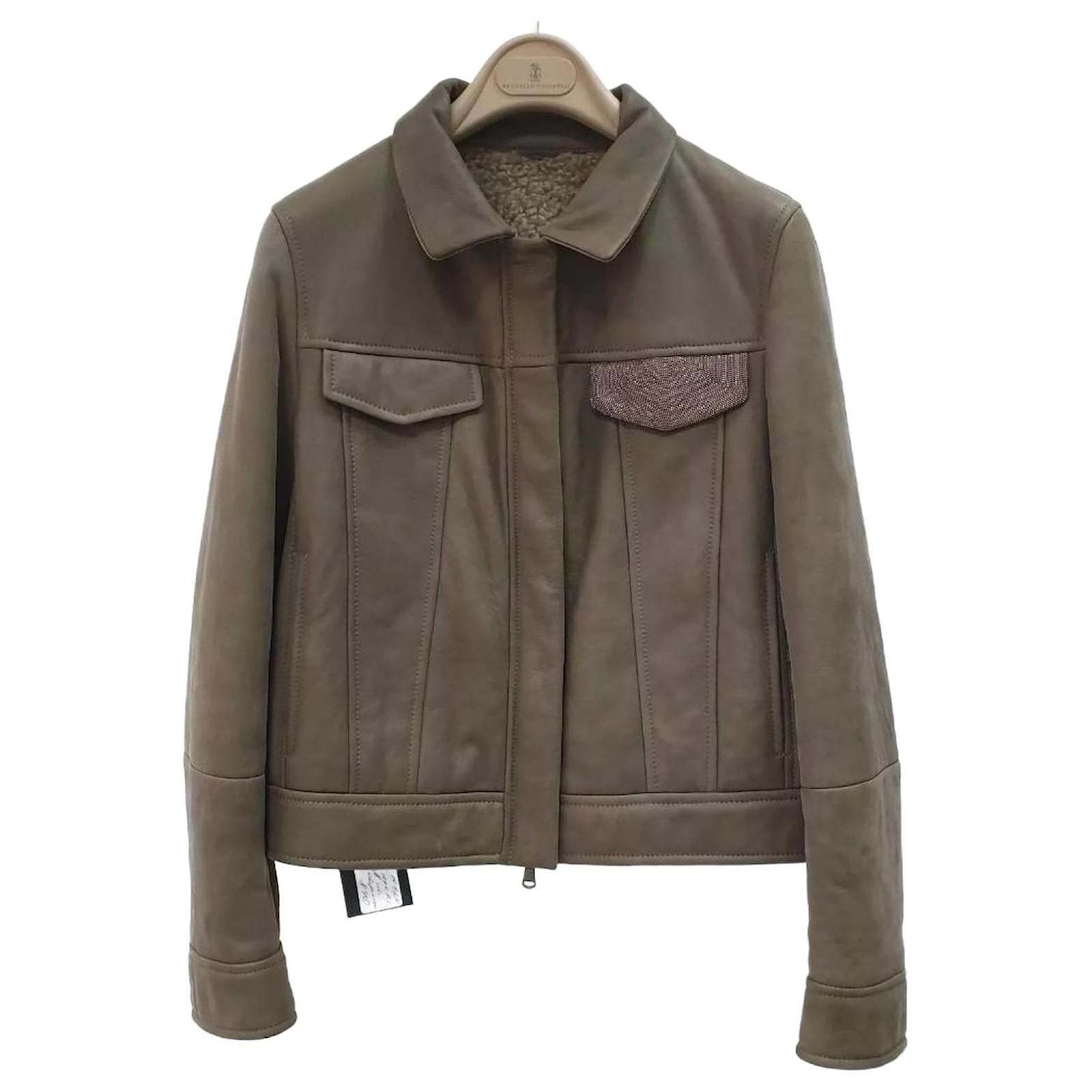 Giacca in pelle shearling marrone grigio Brunello Cucinelli taglia