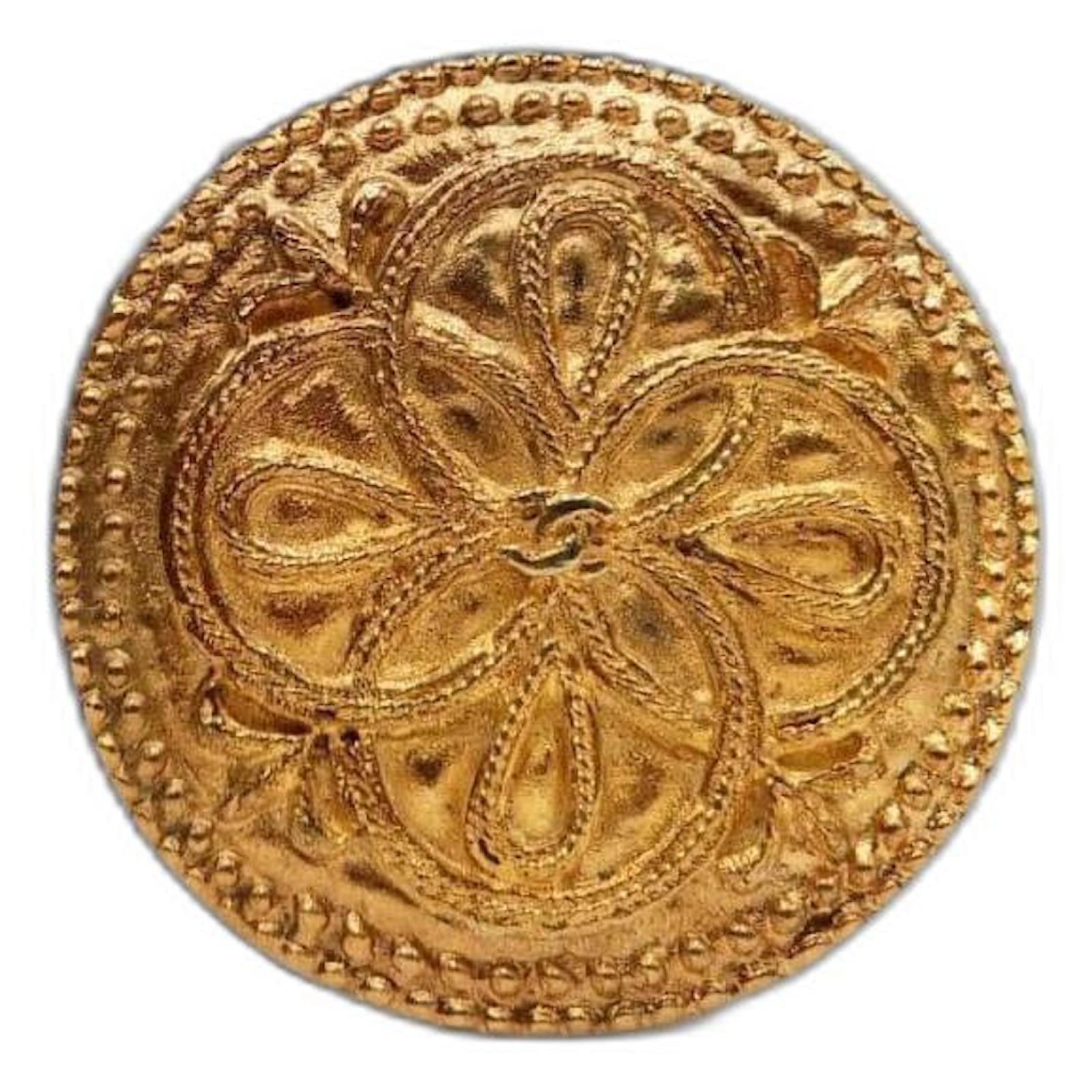 Cambon Chanel Vintage Medallion Camellia Flower Brooch Gold