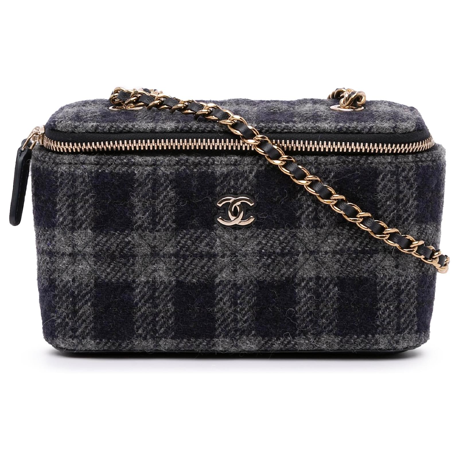 Vanity Beauty case piccola in tweed a quadri blu di Chanel con