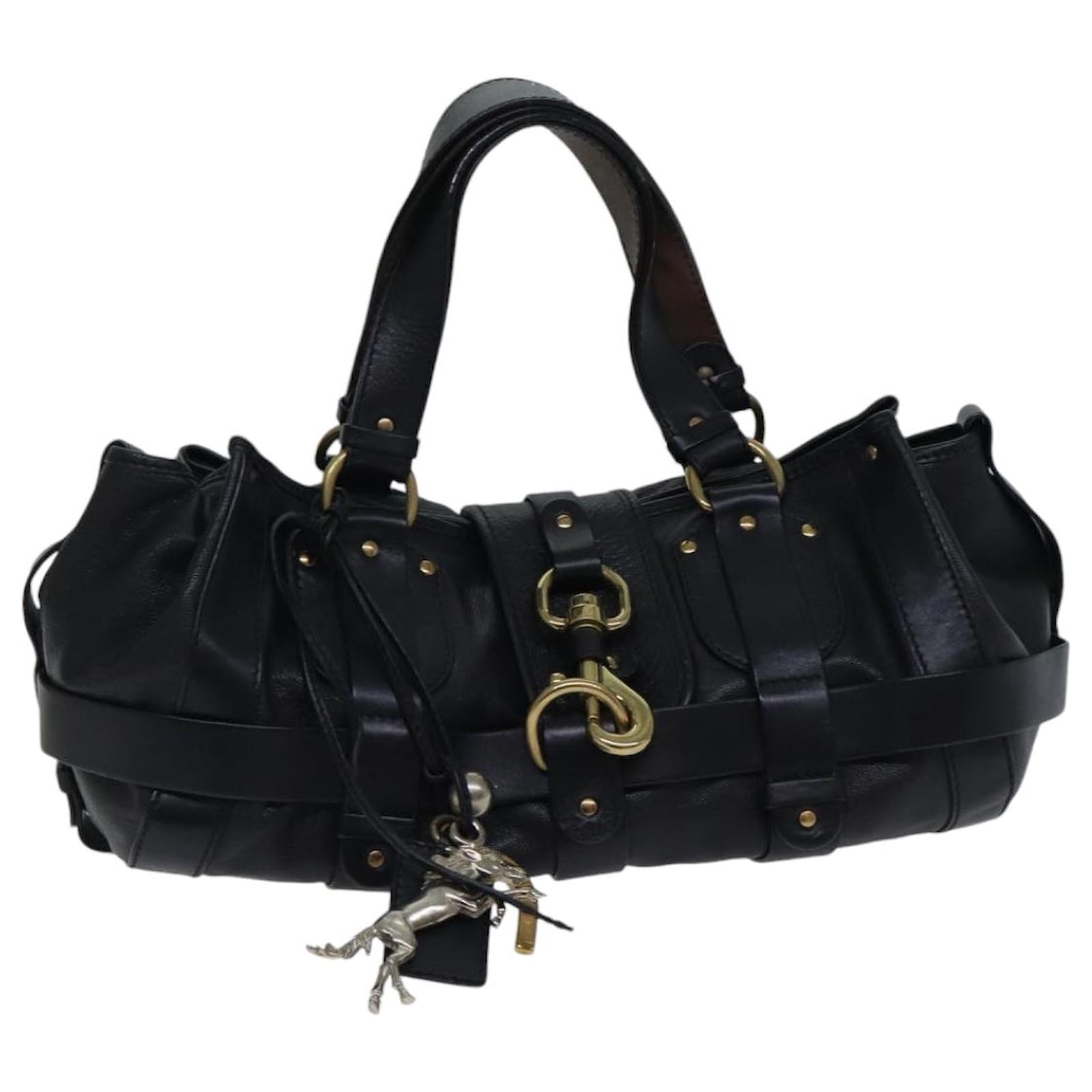 Chloé Chloe Kerala Horse Hand Bag Leather Black Gold Silver Auth