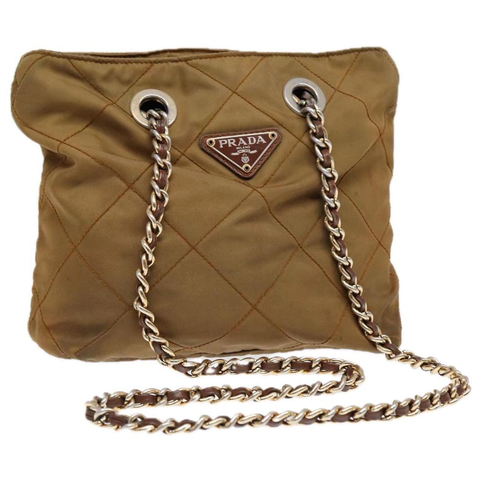 PRADA Chain Shoulder Bag Nylon Khaki Gold Auth 86608 Golden ref 