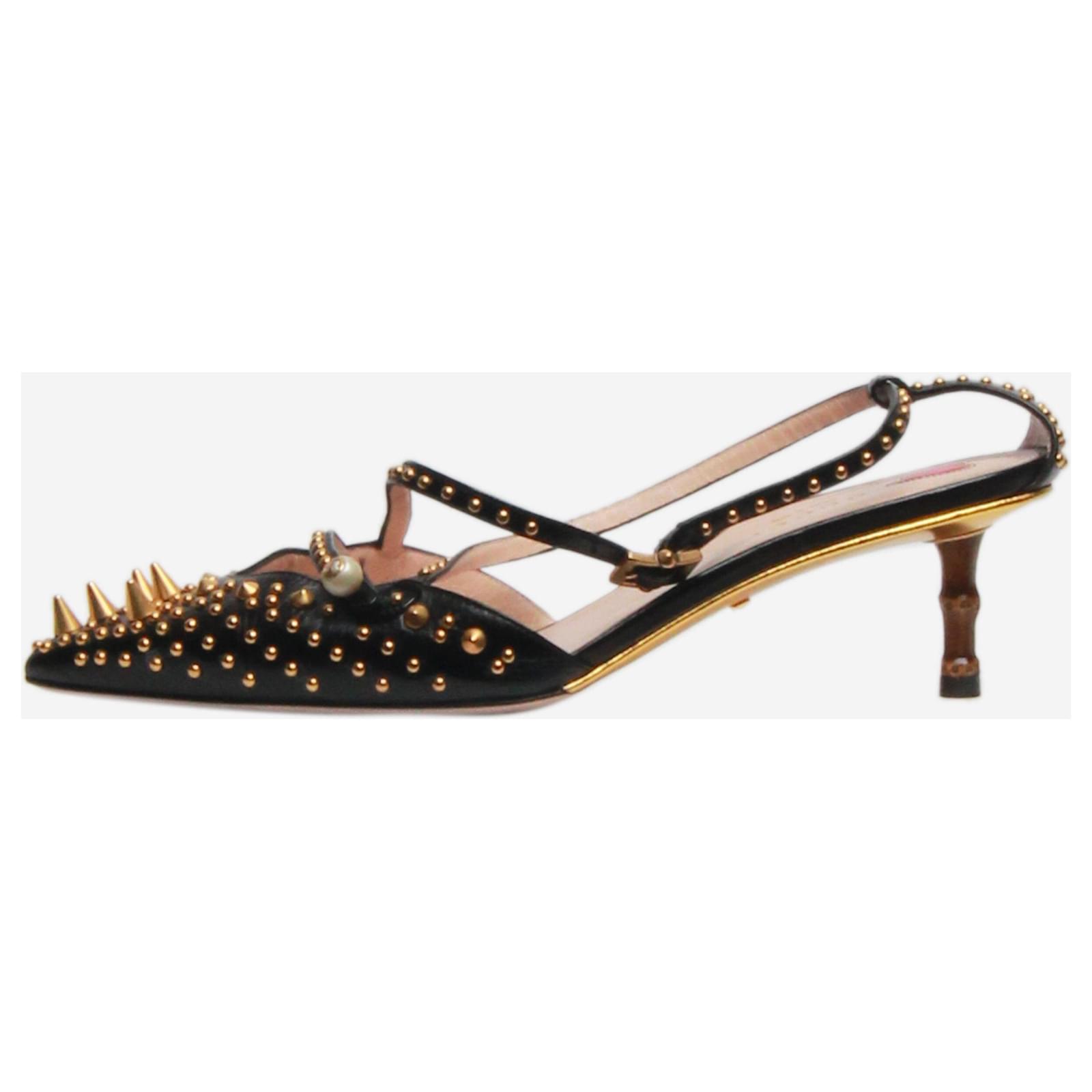 Gucci Black leather studded strap kitten heels size EU 37.5 UK 4.5 ref.1636475 Joli Closet