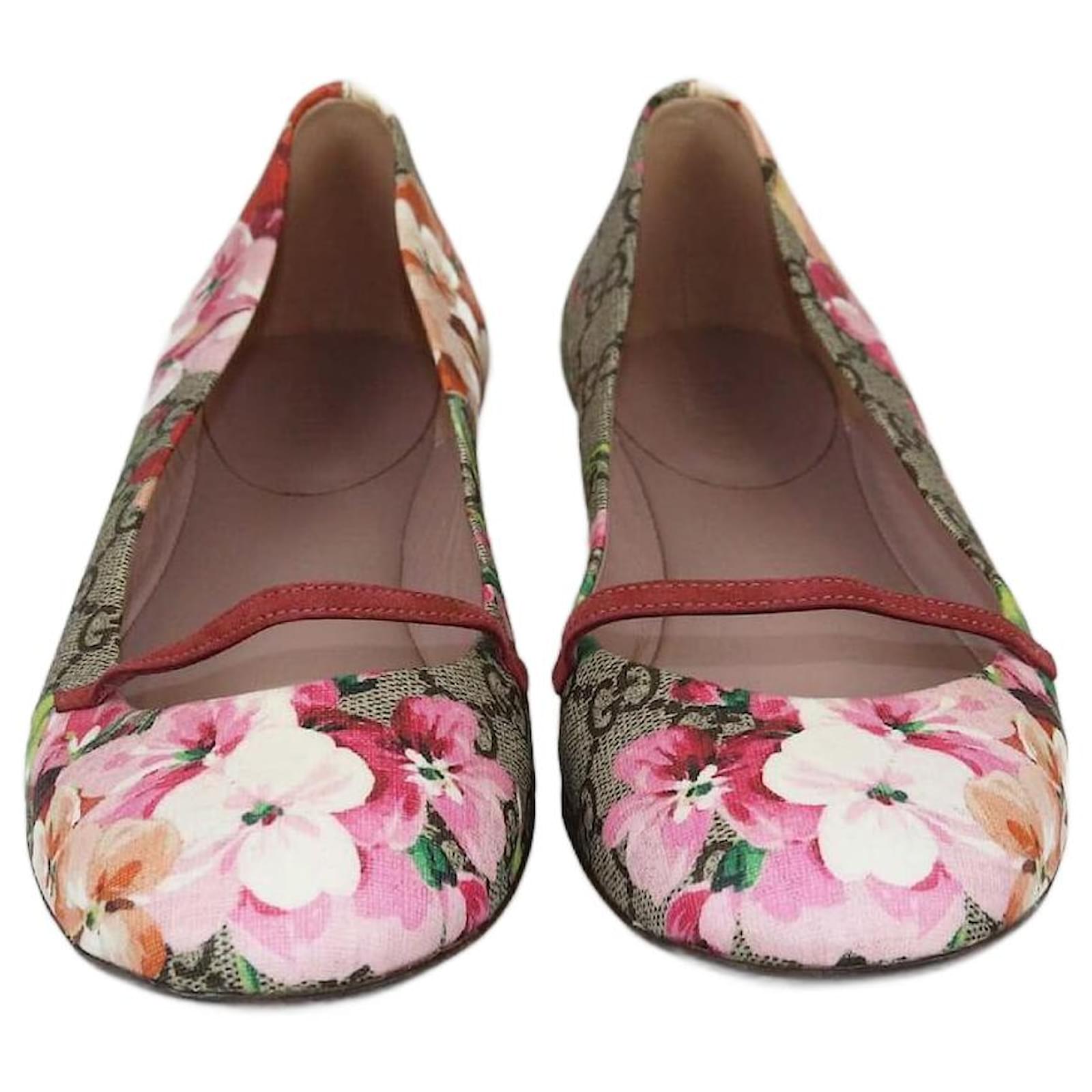 Gucci Red Floral Printed GG Supreme Blooms Ballet Flats