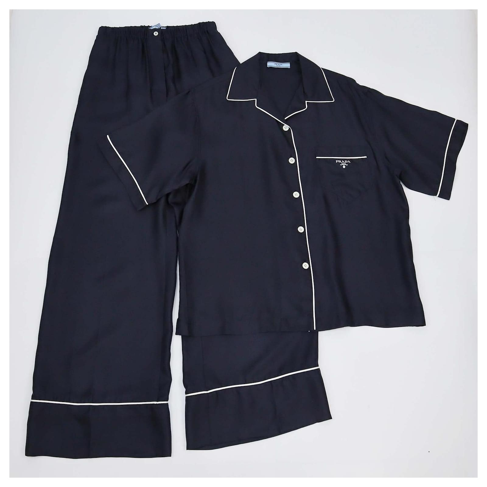 Prada Black Logo Detailed Short Sleeve Shirt & Pajama Set Silk ref