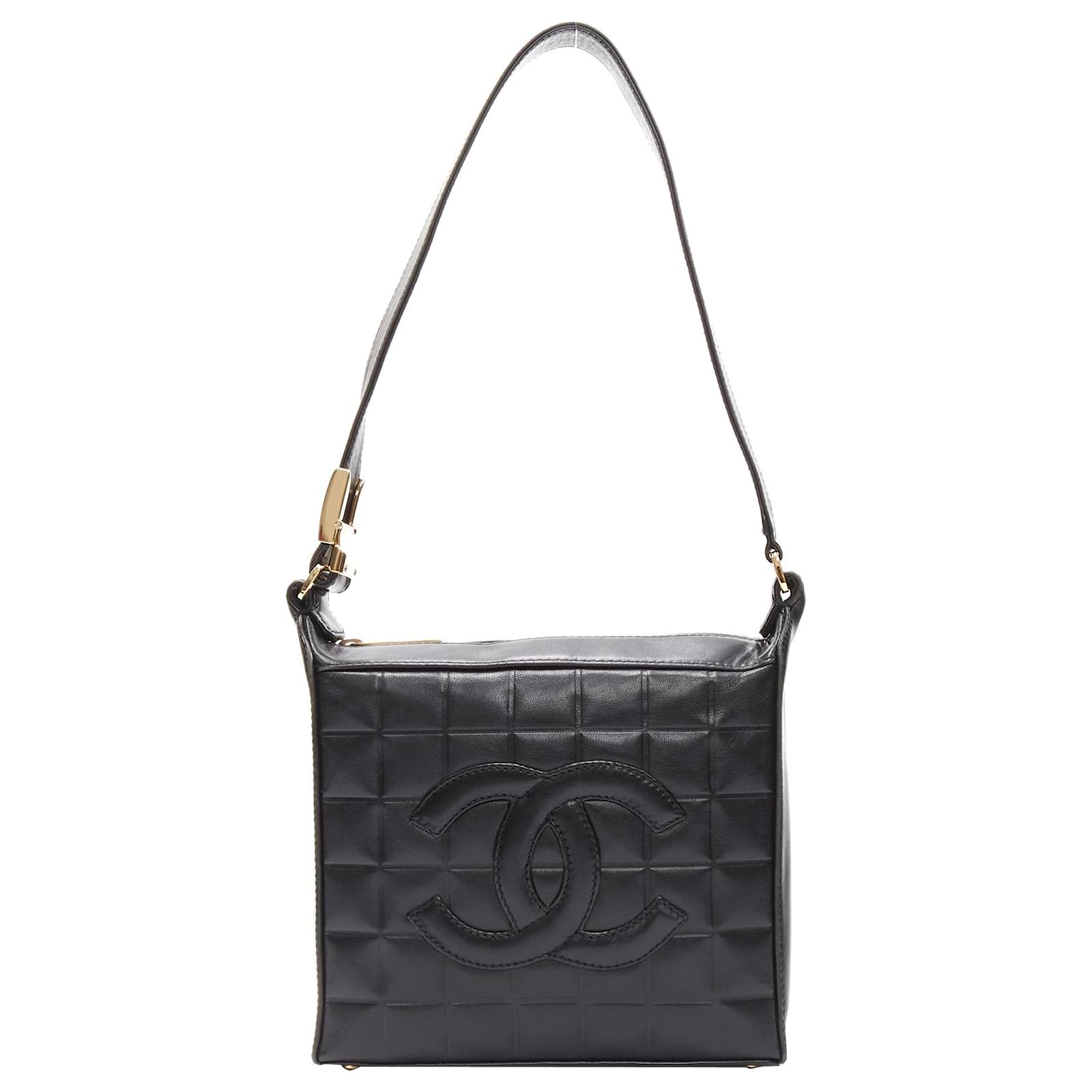 CHANEL 2003 Chocolate Bar black lambskin leather CC gold buckle