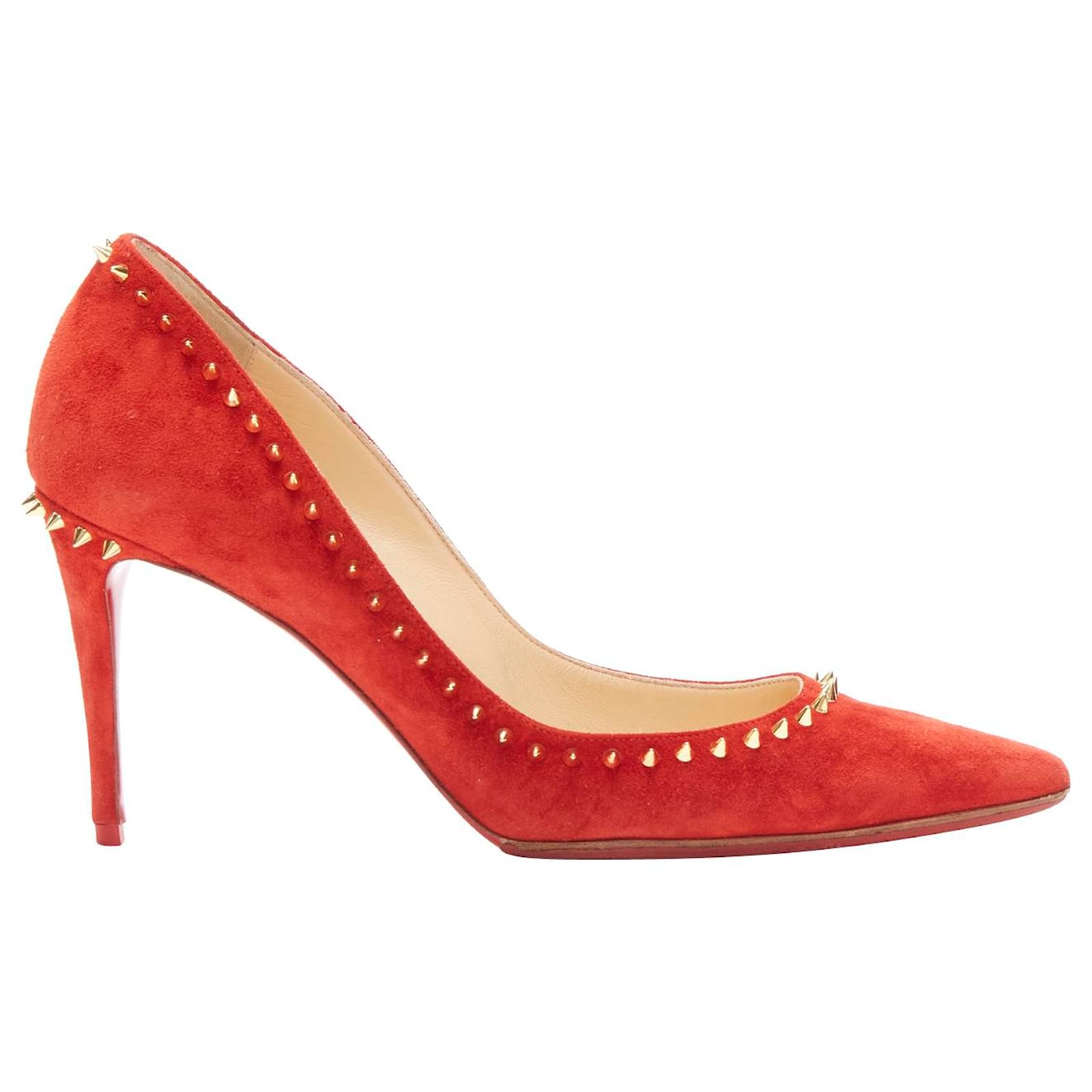 CHRISTIAN LOUBOUTIN Anjalina 85 red suede gold spike stud high heel pumps ref.1641772 Joli Closet