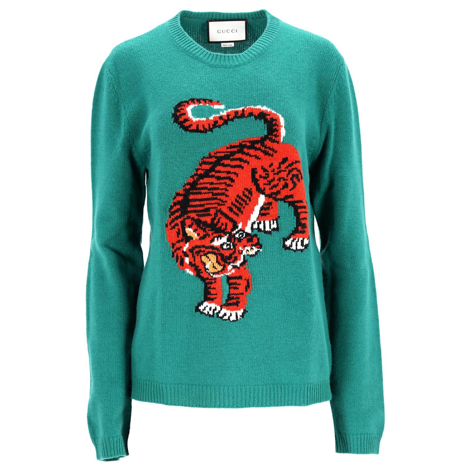 Gucci-Pullover mit Tiger-Intarsien aus grüner Wolle