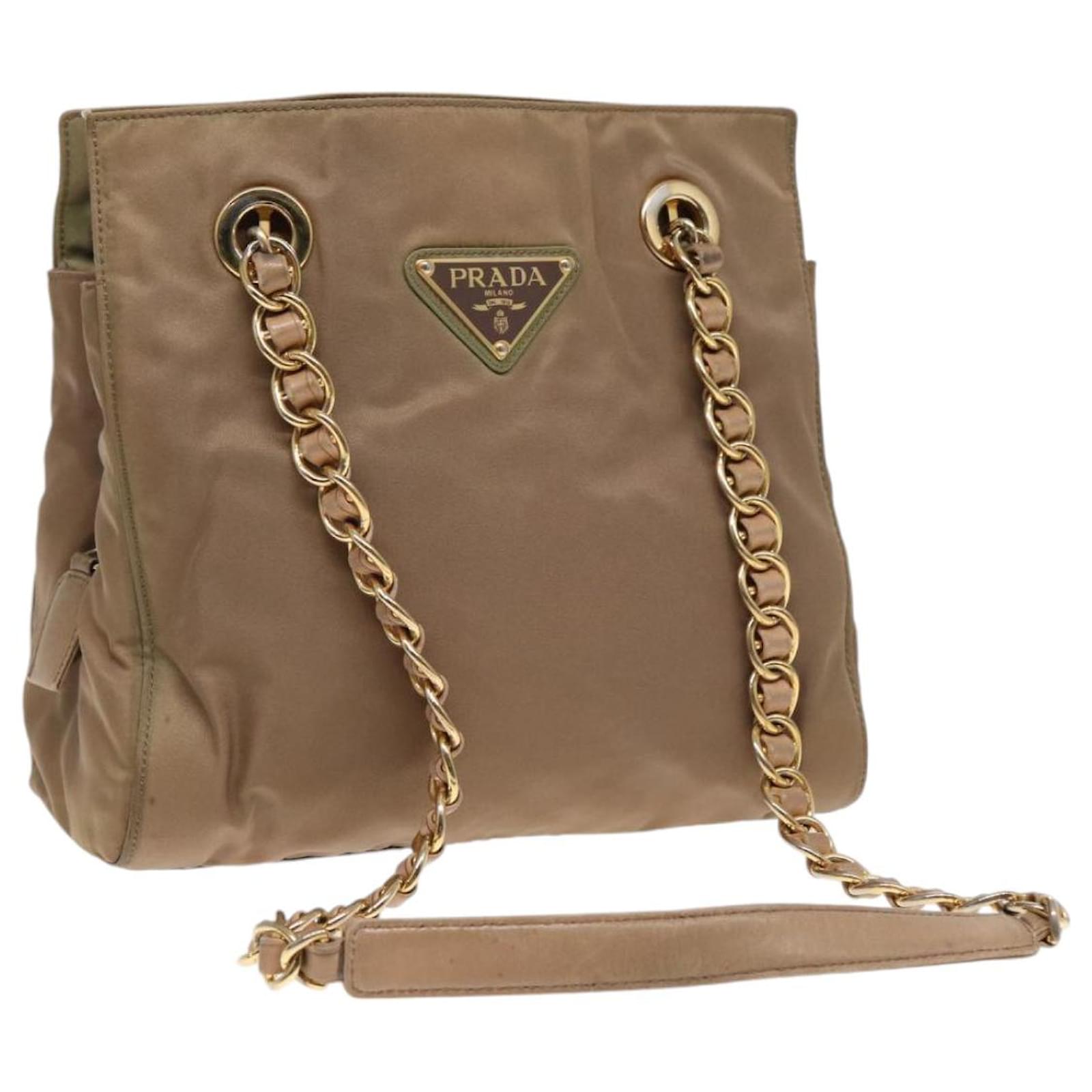 PRADA Chain Shoulder Bag Nylon Beige Gold Auth 90334 Golden