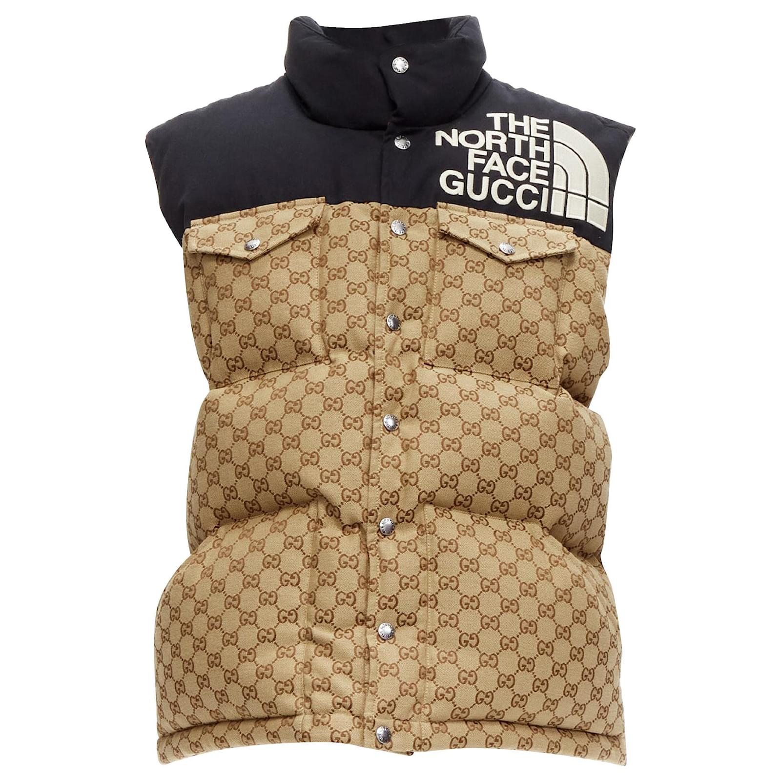 Gucci The North Face Black Beige Big Logo Gg Monogram Padded Vest Jacket It40 S Brown Cotton ref.1660927 Joli Closet