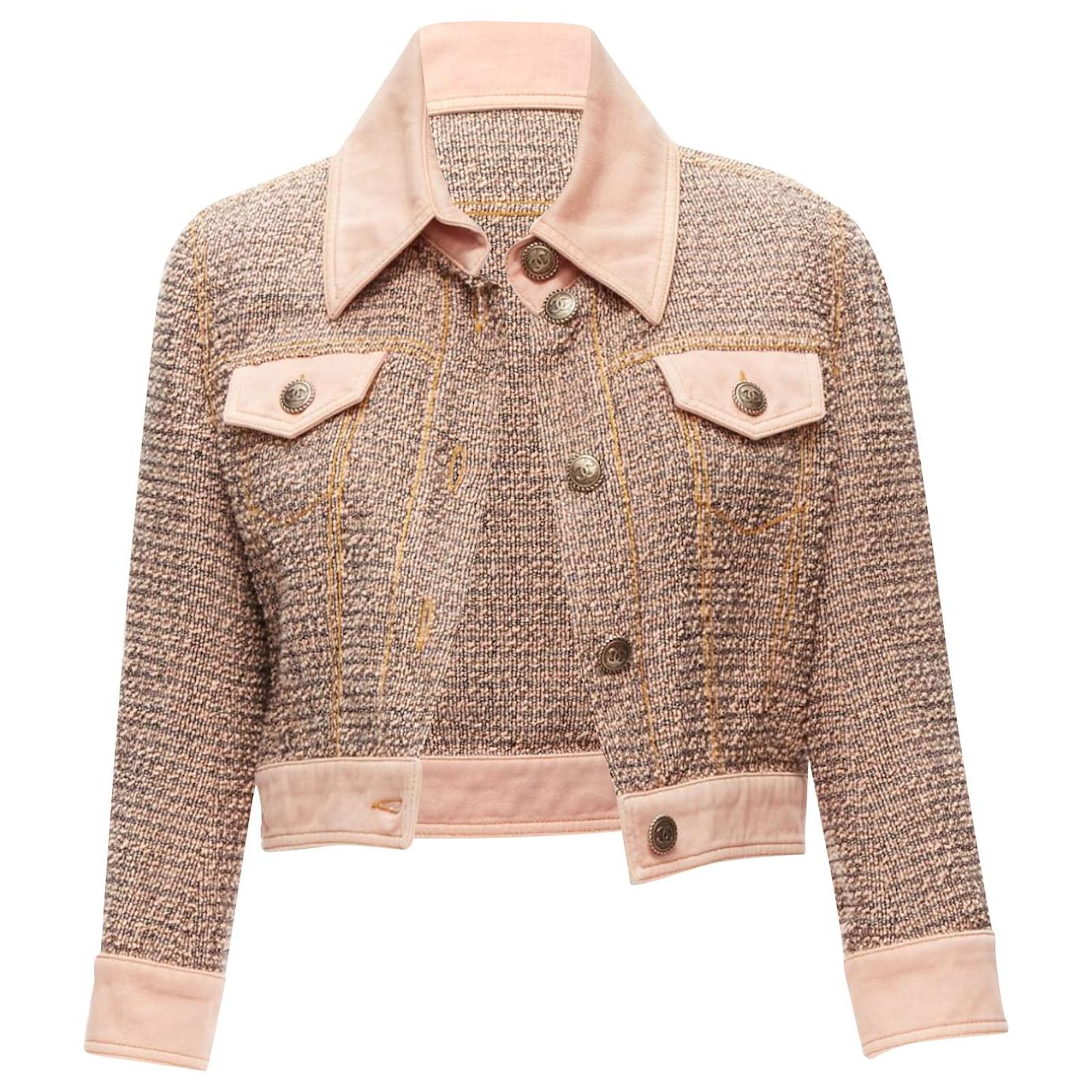 Rare Chanel 2018 Runway Pink Denim Trim Tweed Cc Button Cropped
