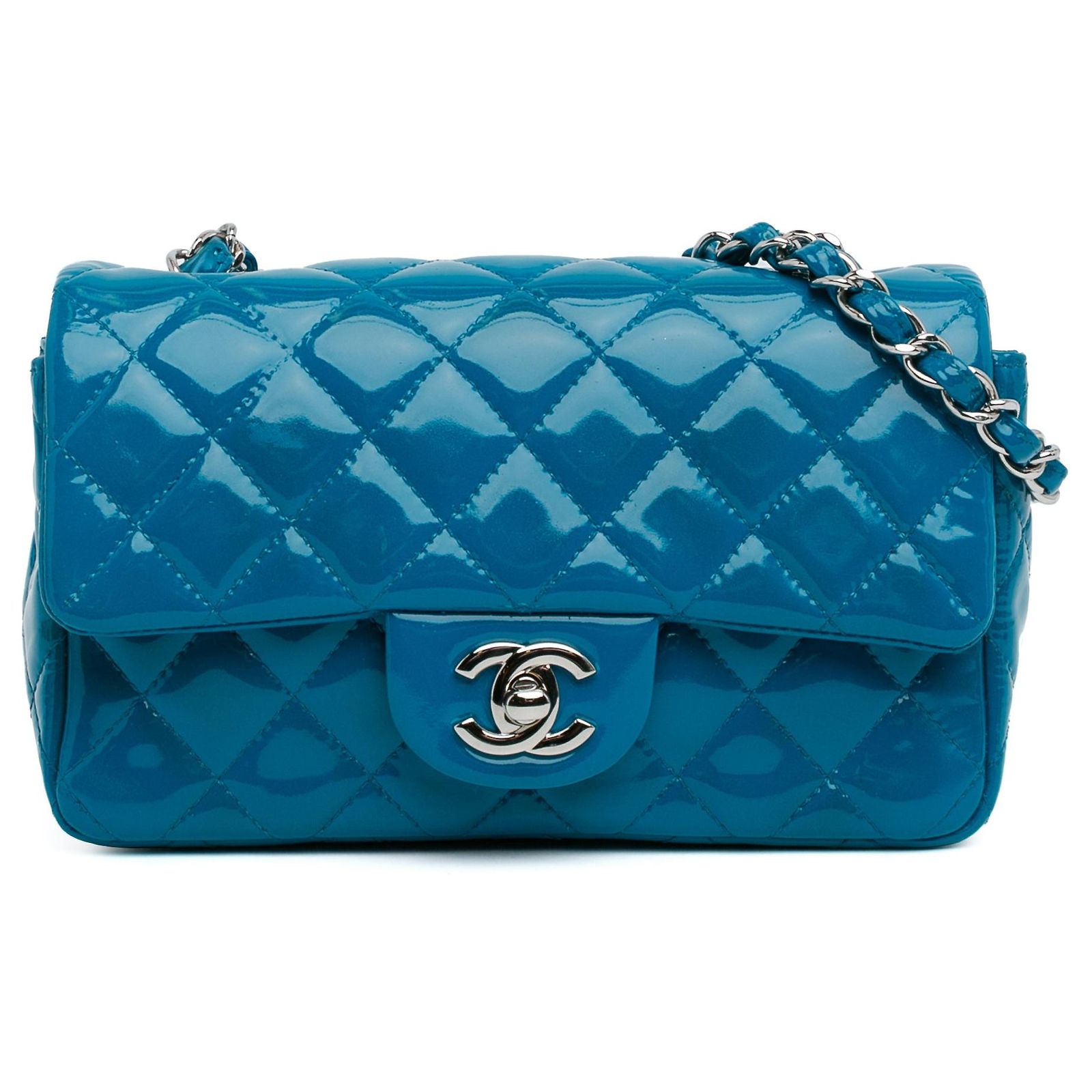 Blue Chanel Mini Rectangular Classic Patent Single Flap Crossbody Bag ...