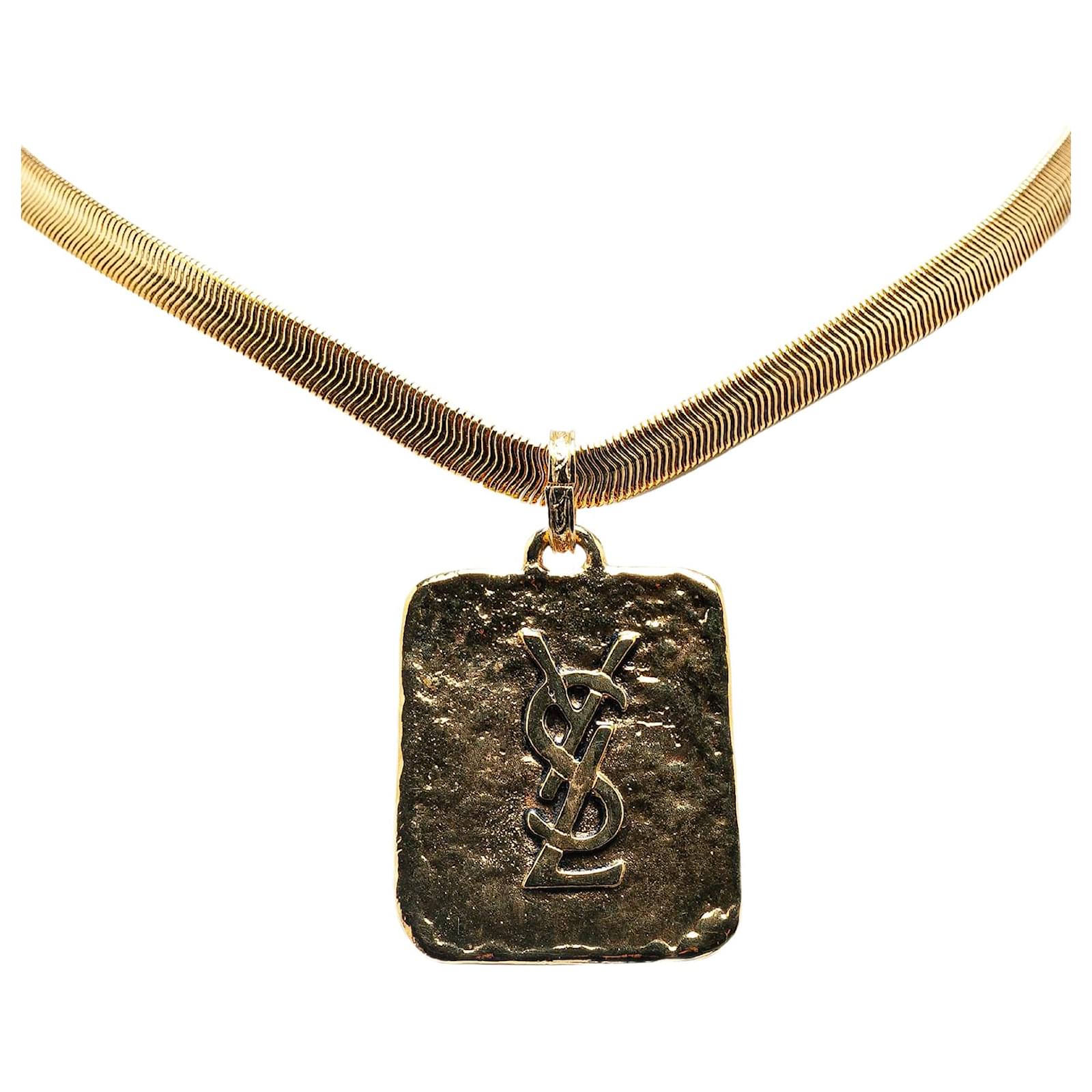 Gold Yves Saint Laurent Gold Plated Logo Plate Pendant Necklace