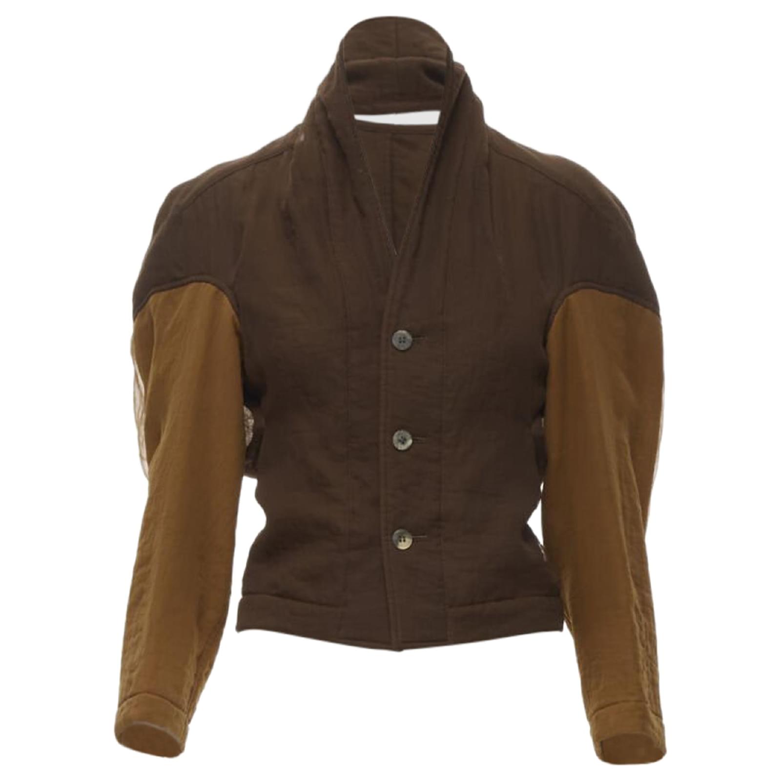 Comme Des Garcons Chaqueta vintage Comme Des Garcons de los 90 con cuello recortado en bloques de color marron S Metalico Bronce Poliester ref.1665488 Joli Closet