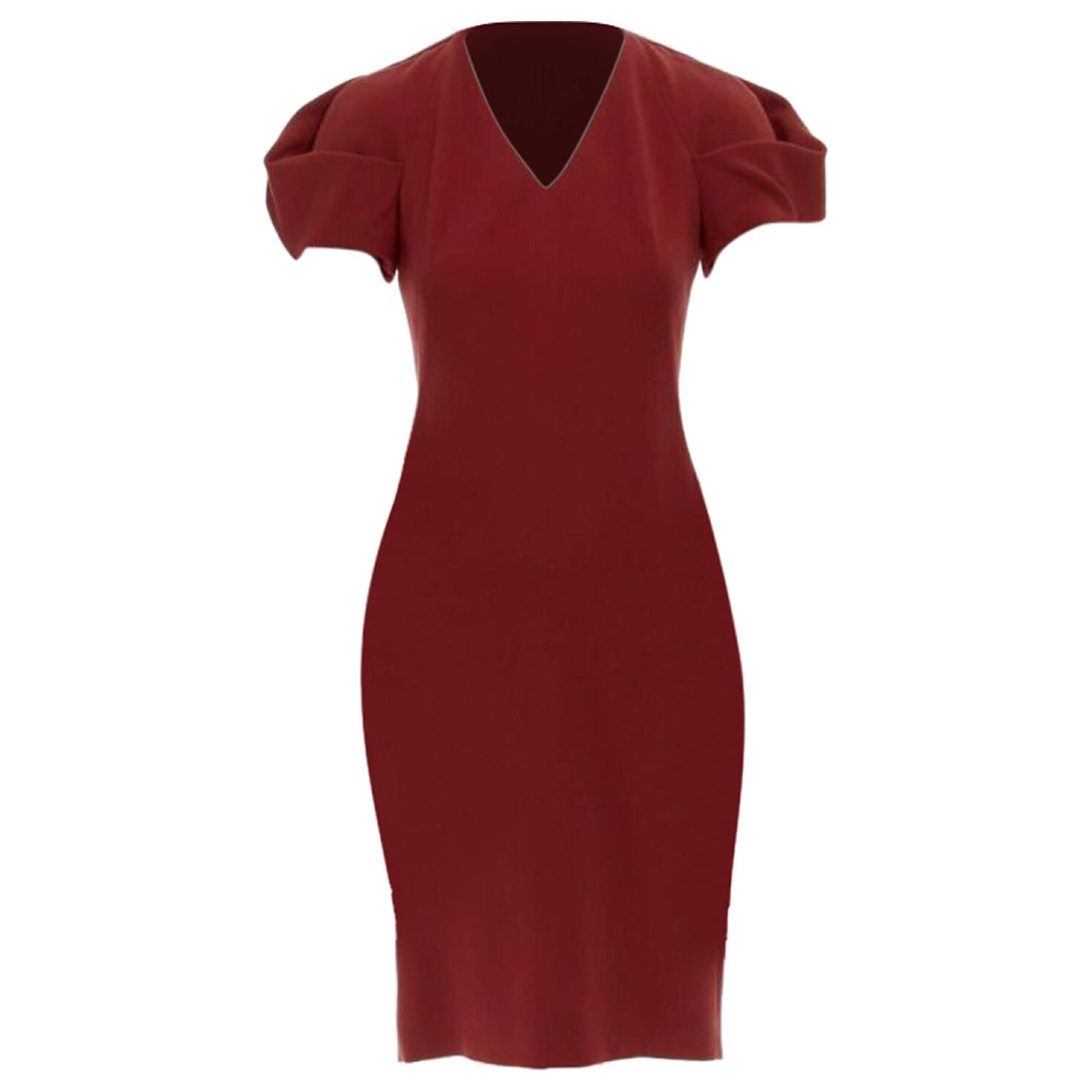 Alexander Mcqueen Crepe V-Neck Pleated Sleeves Cocktail Dress Red