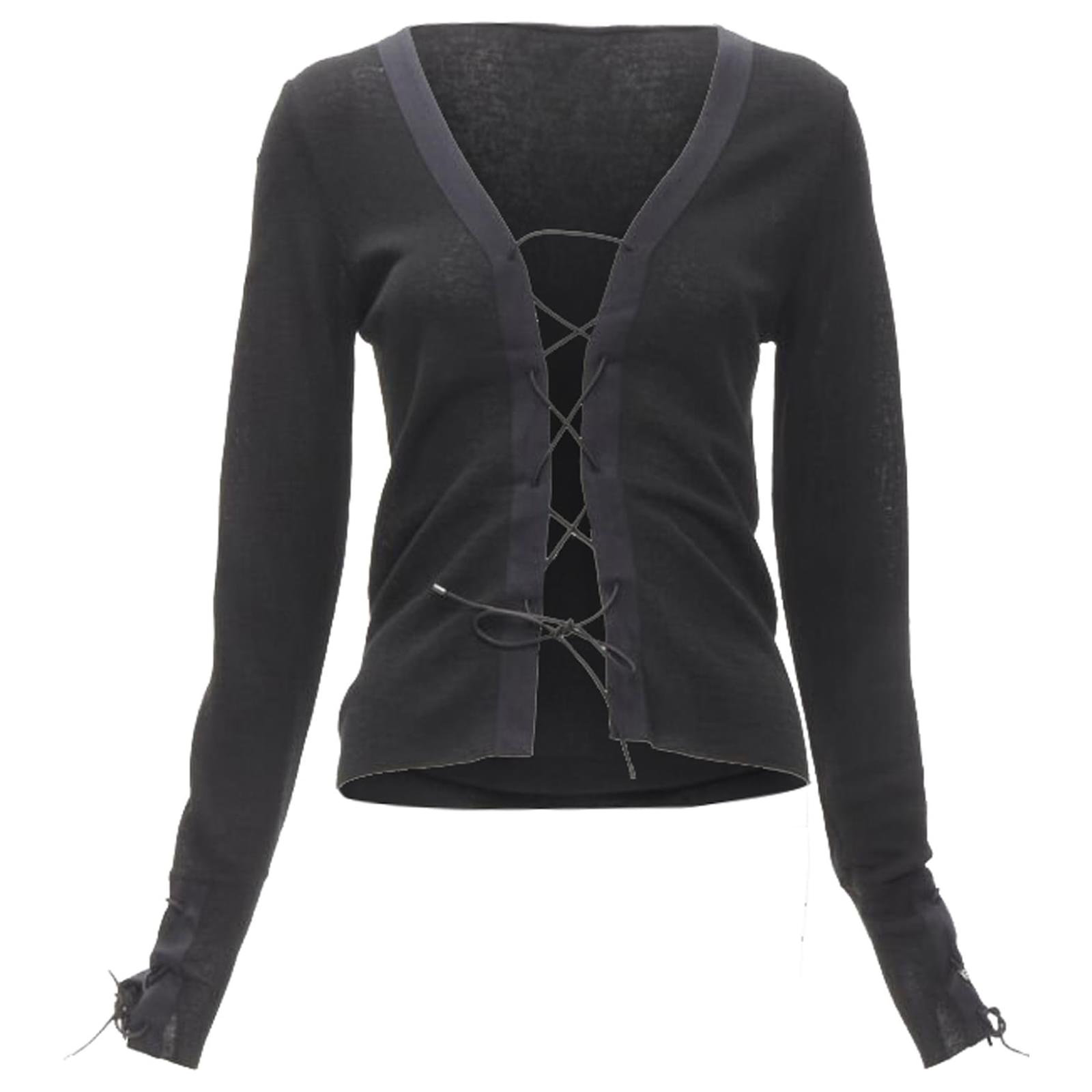 Gucci Tom Ford Vintage Black Leather Cord Lace Up Sweater Xs Silk Cotton ref.1665687 Joli Closet