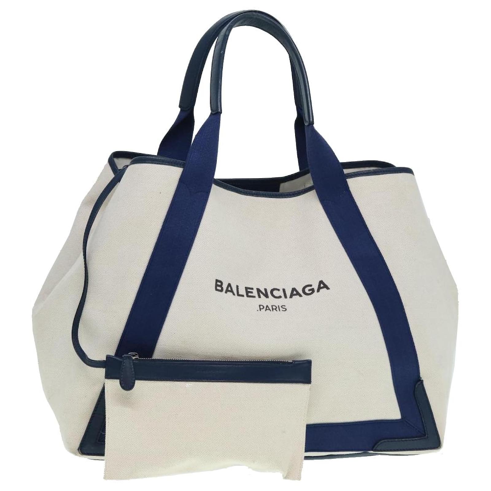 BALENCIAGA Navy Cabas M Handtasche aus Canvas und Leder Weiß 