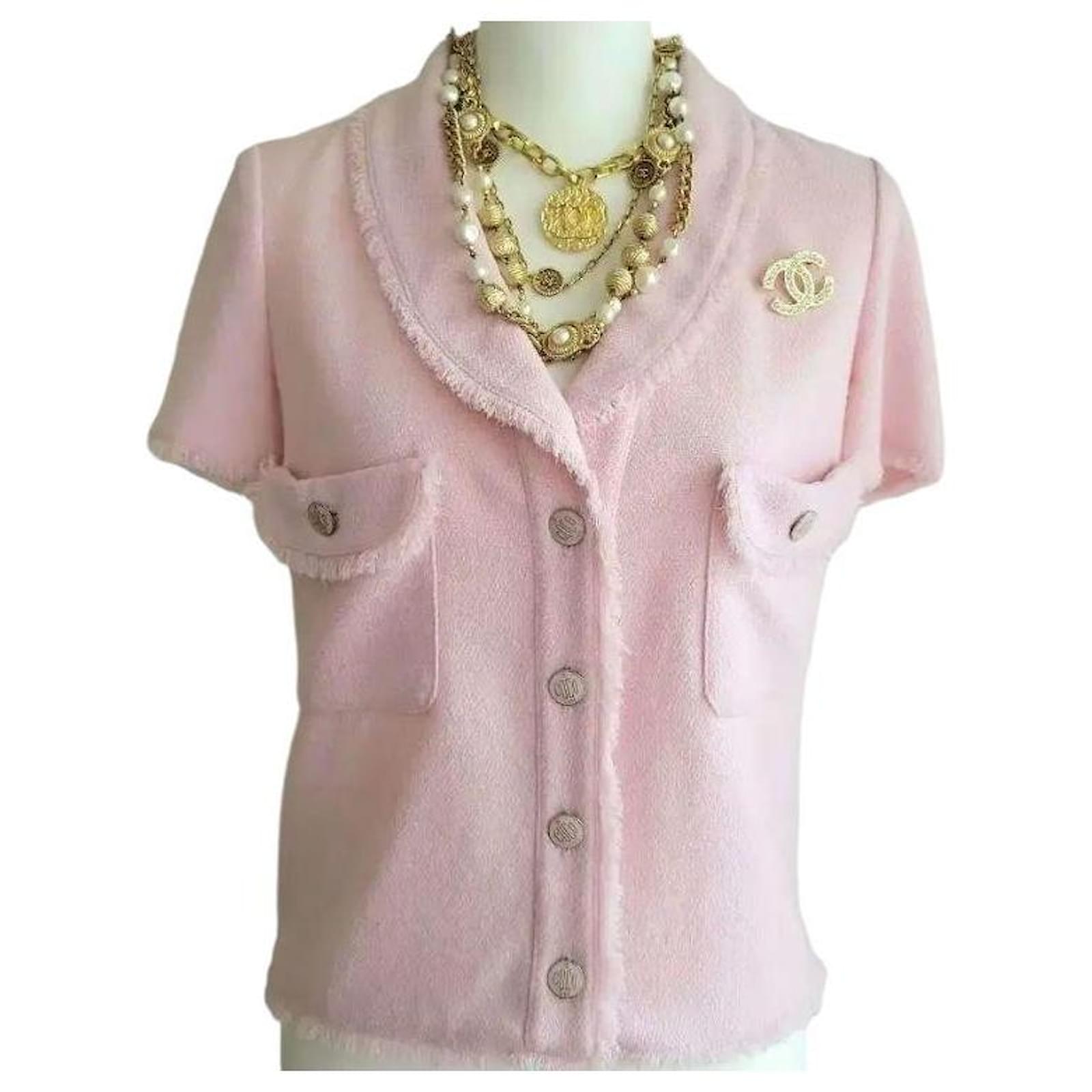 Jackets Chanel Chanel 2008 Runway Coco Line Pink Wool Boucle Short Sleeve Top Blouse Jacket FR 36