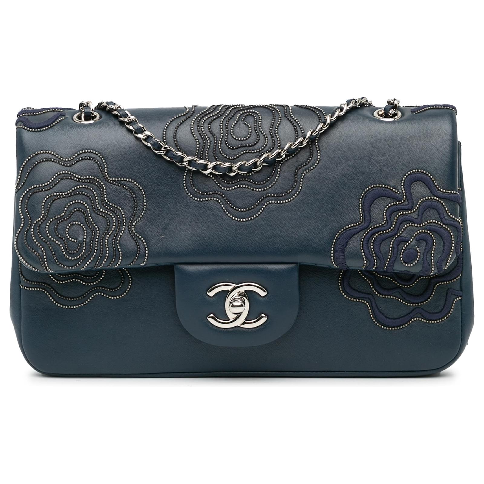 Chanel Blue Medium Embroidered Lambskin Camellia Follies Flap Navy blue ...