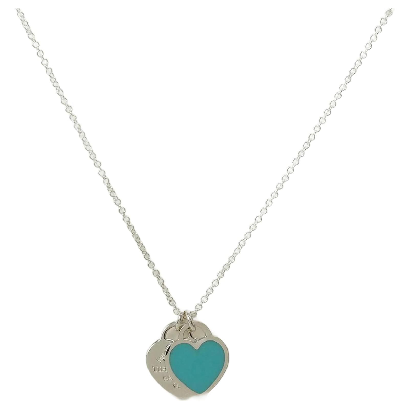 Tiffany Co Tiffany Return to Blue Double Heart Tag Pendant Necklace Silvery Silver ref.1672309 Joli Closet
