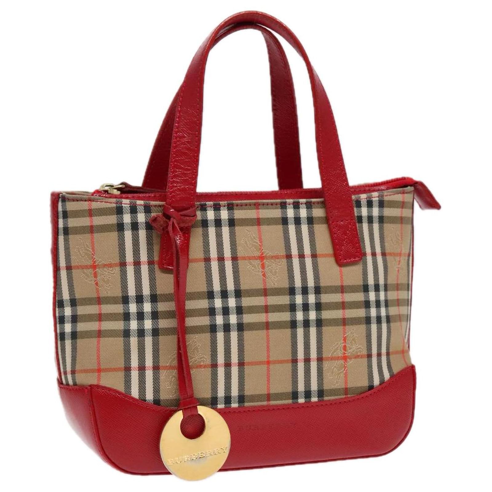 BURBERRY Nova Check Hand Bag Canvas Leather Beige Red gold 