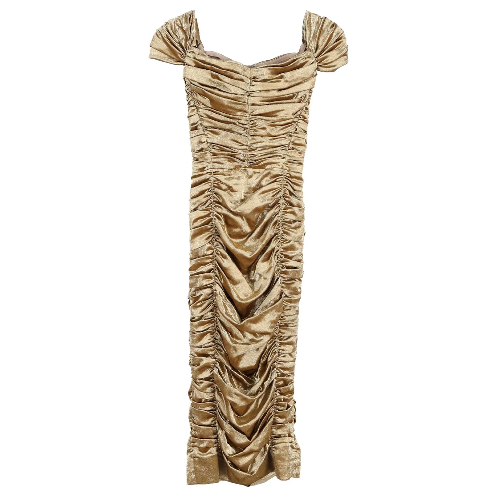 Dolce & Gabbana Ruched Midi Dress in Metallic Gold Silk (Sold) - Joli Closet