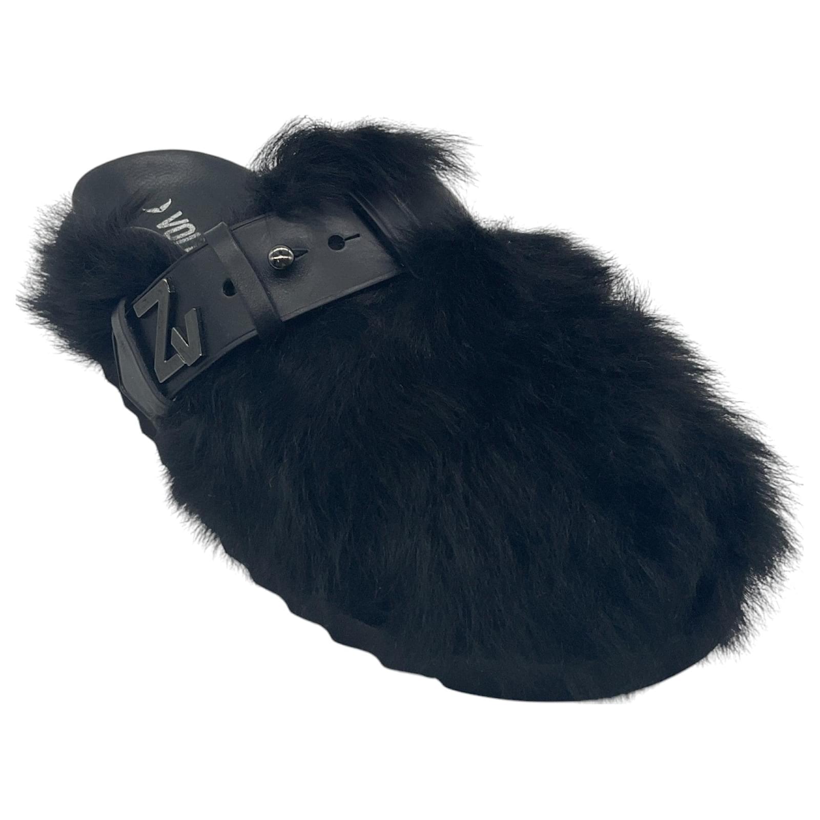 Zadig & Voltaire Black Hairy Lambskin Alpha Mules Faux fur ref