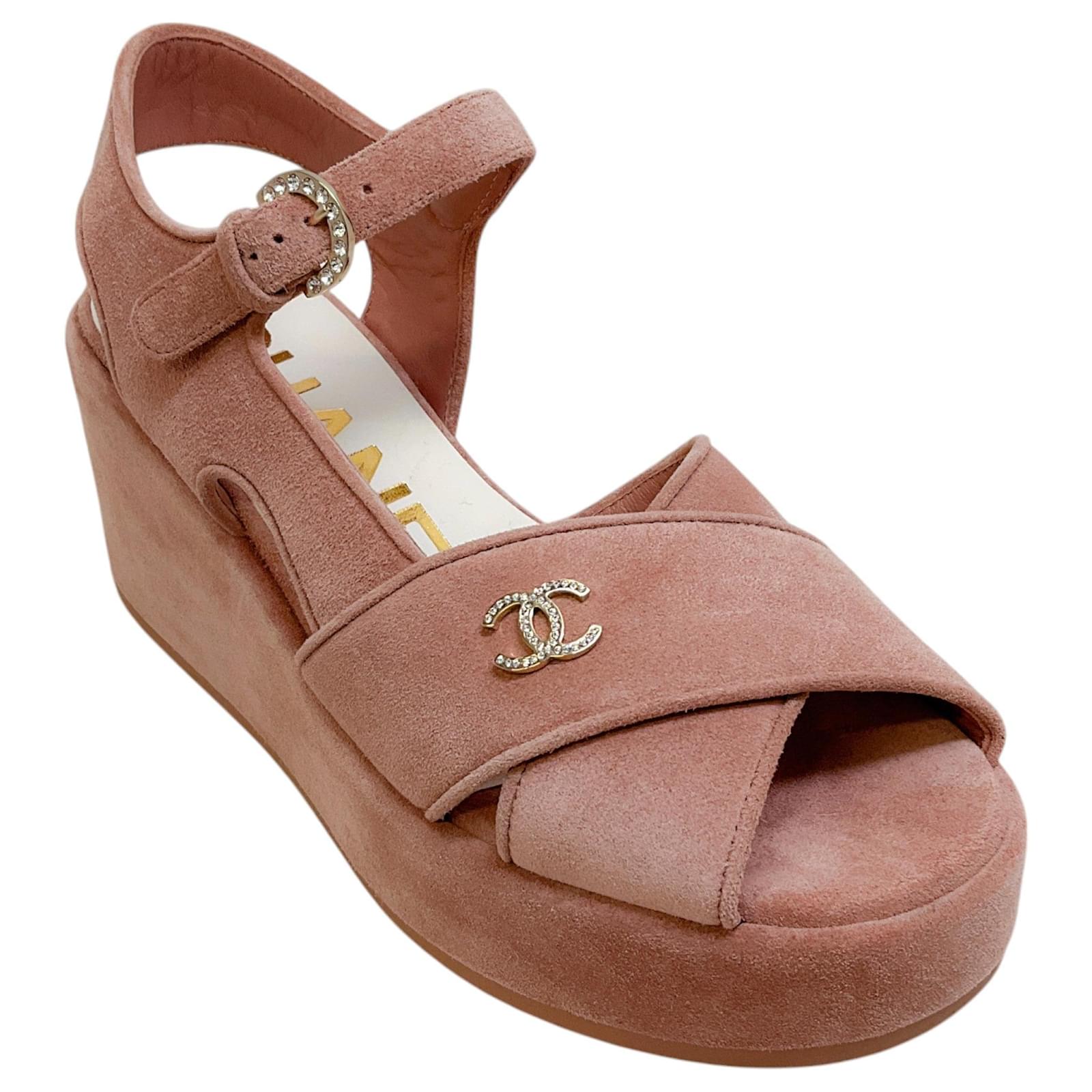 Chanel Light Pink Suede Criss Cross Wedge Sandals ref