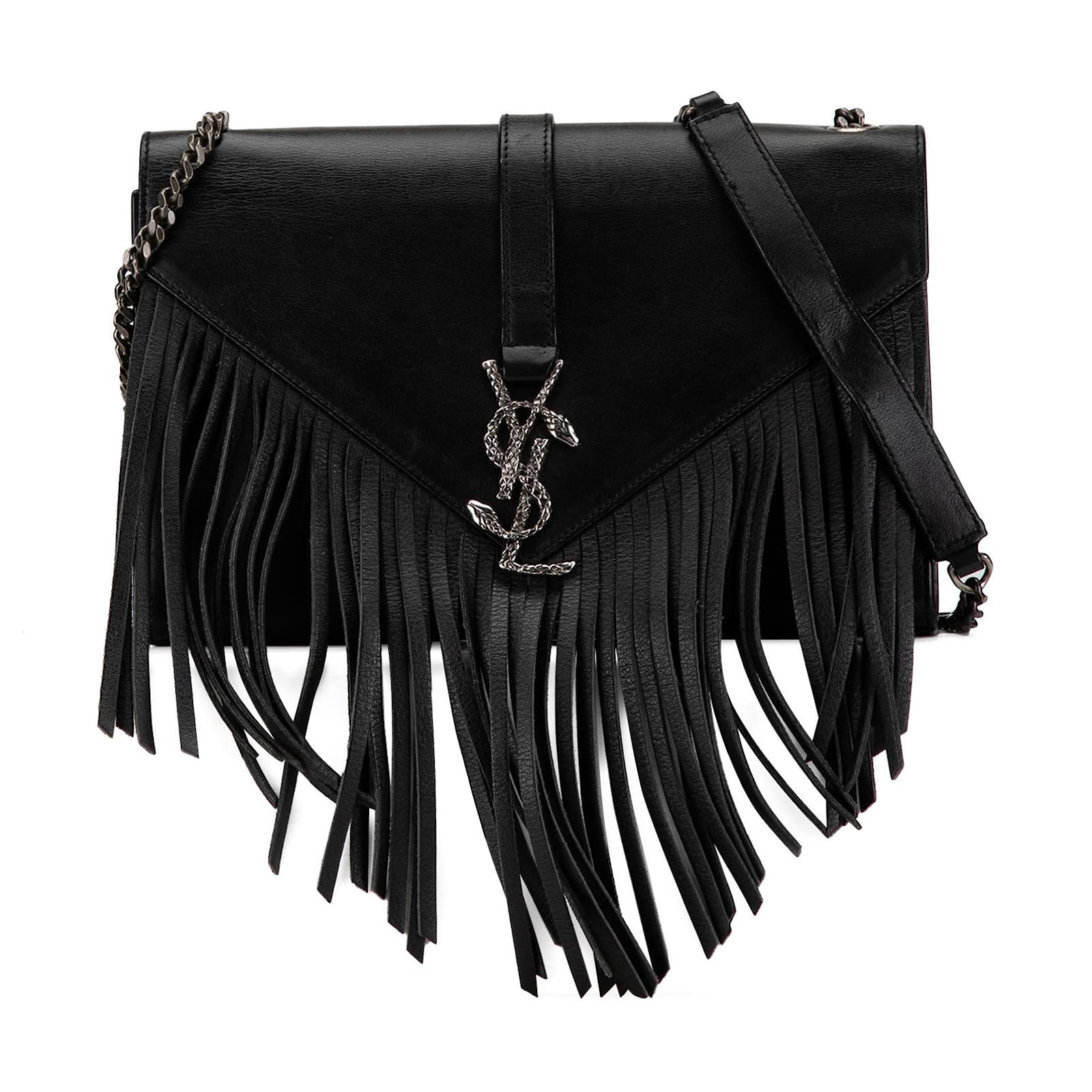 Sac à bandoulière en cuir noir à franges avec monogramme serpent