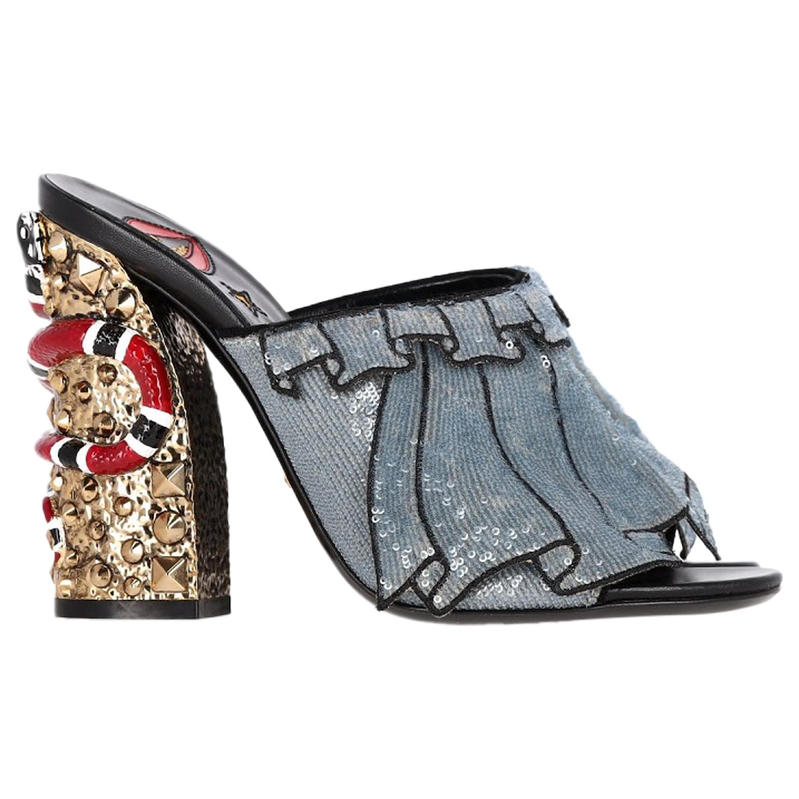Gucci Trompe L'Oeil Sequin Ruffle Block Heel Mule Sandals in Blue