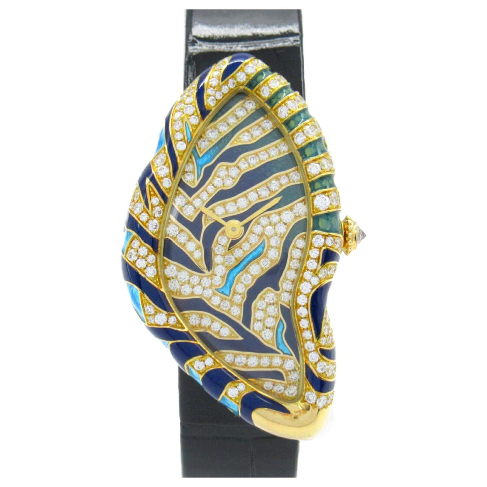 Autre Marque Cartier Crash Watch K18 Yellow Gold Leather Diamond