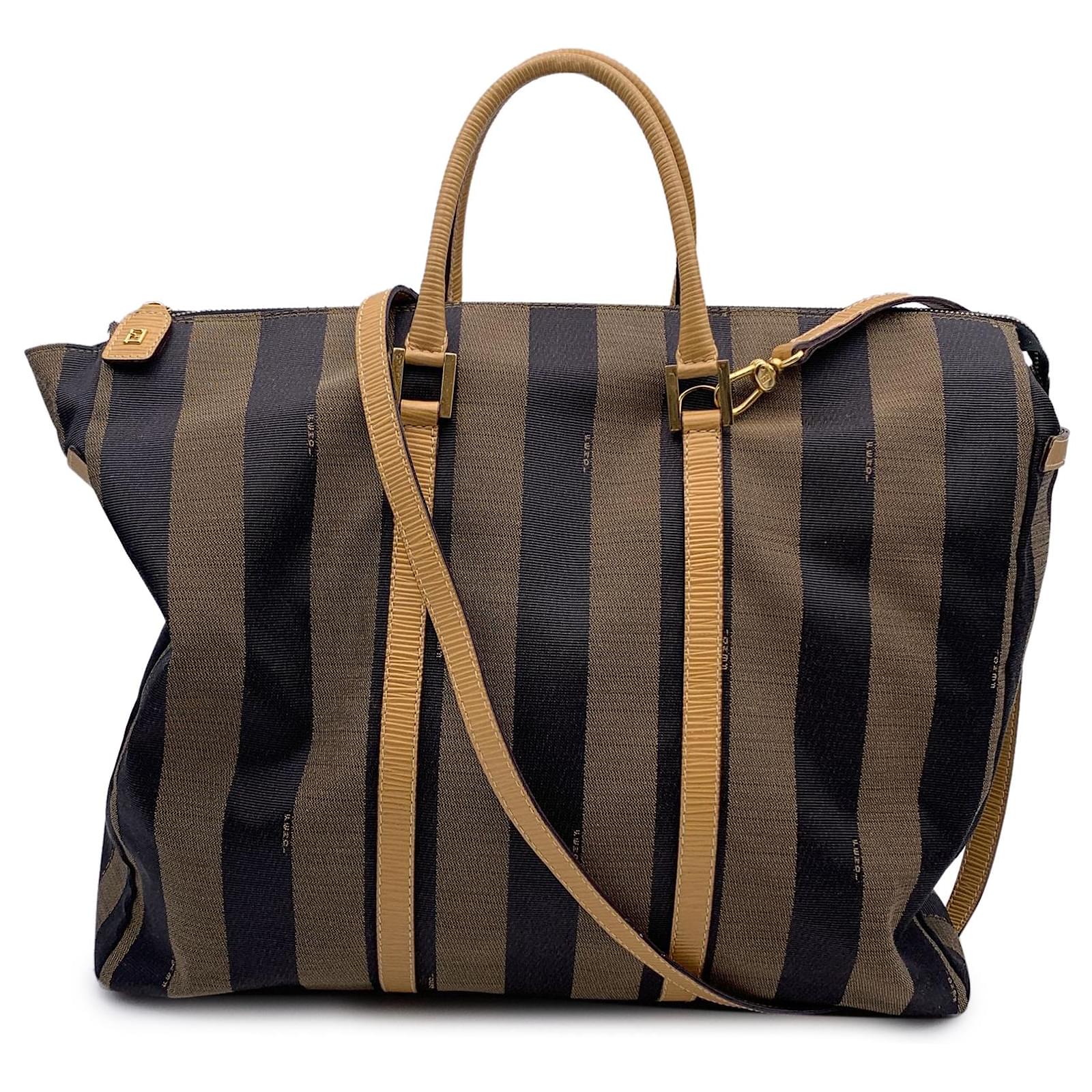 Fendi Vintage Pequin Striped Black Tobacco Canvas Tote Bag with 