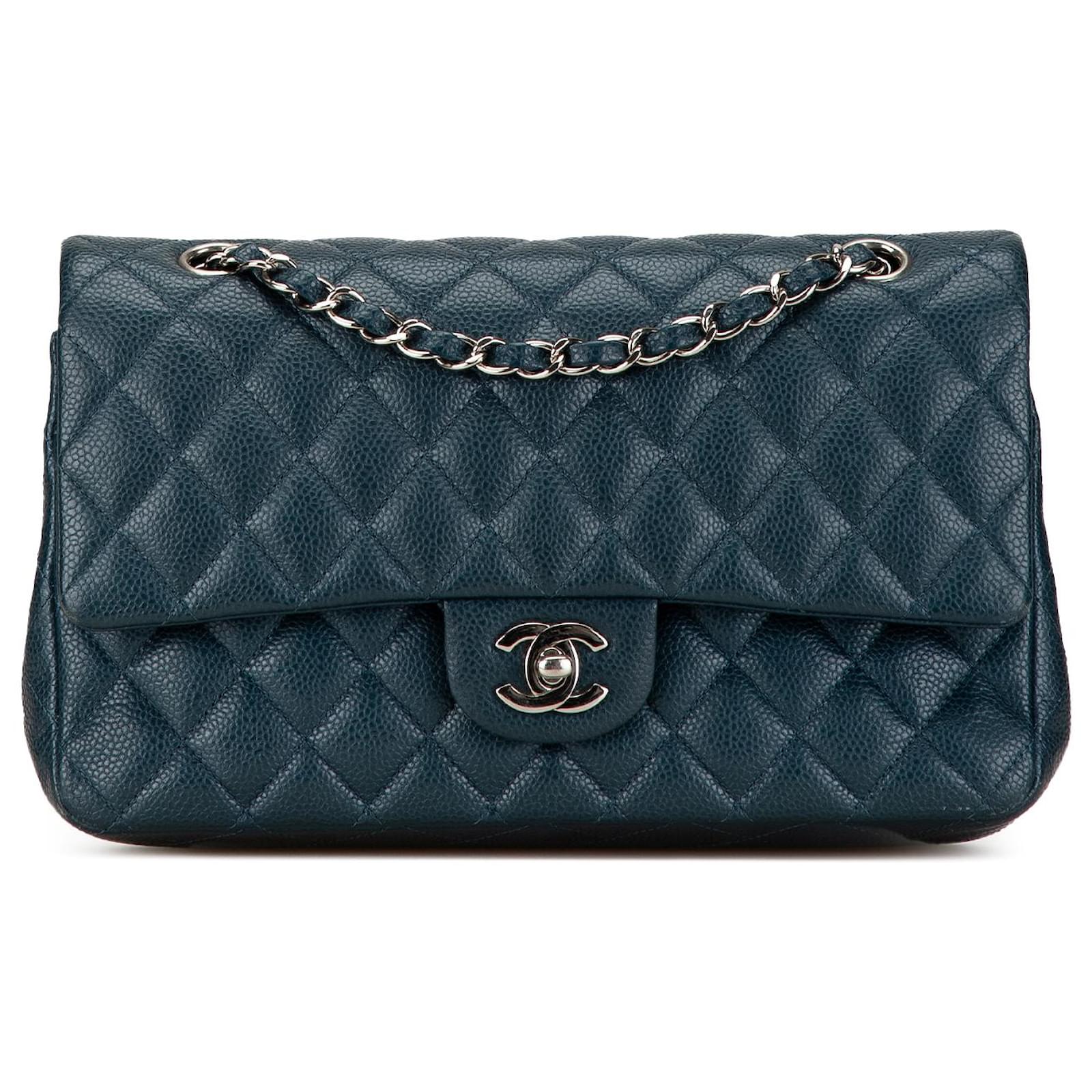 Chanel Blue Medium Classic Caviar Double Flap Dark blue Leather ref ...