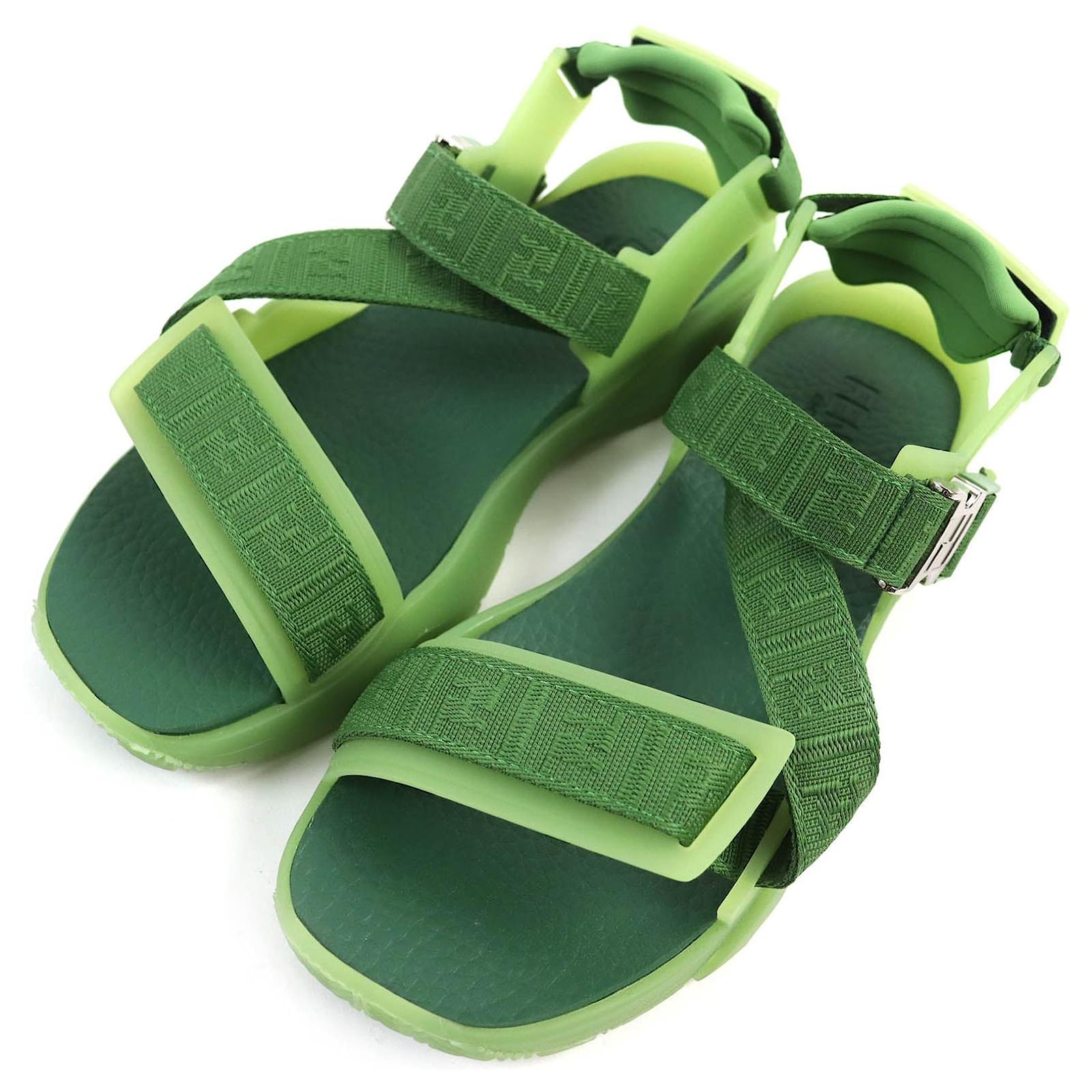 Fendi Flow Sandals FF Logo Multi Strap Green Rubber ref
