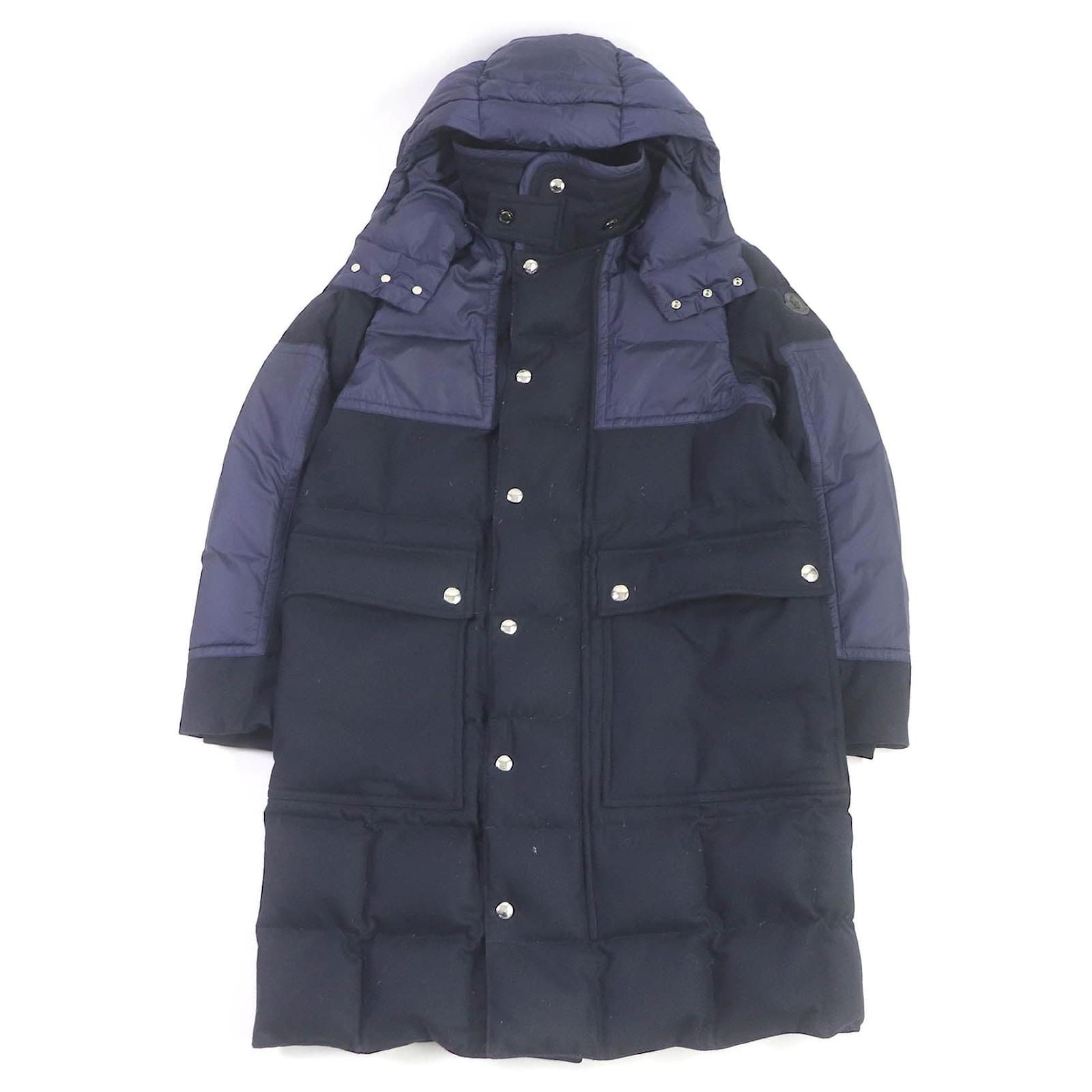 Moncler Wilson Wool Nylon Hooded Down Coat Navy blue