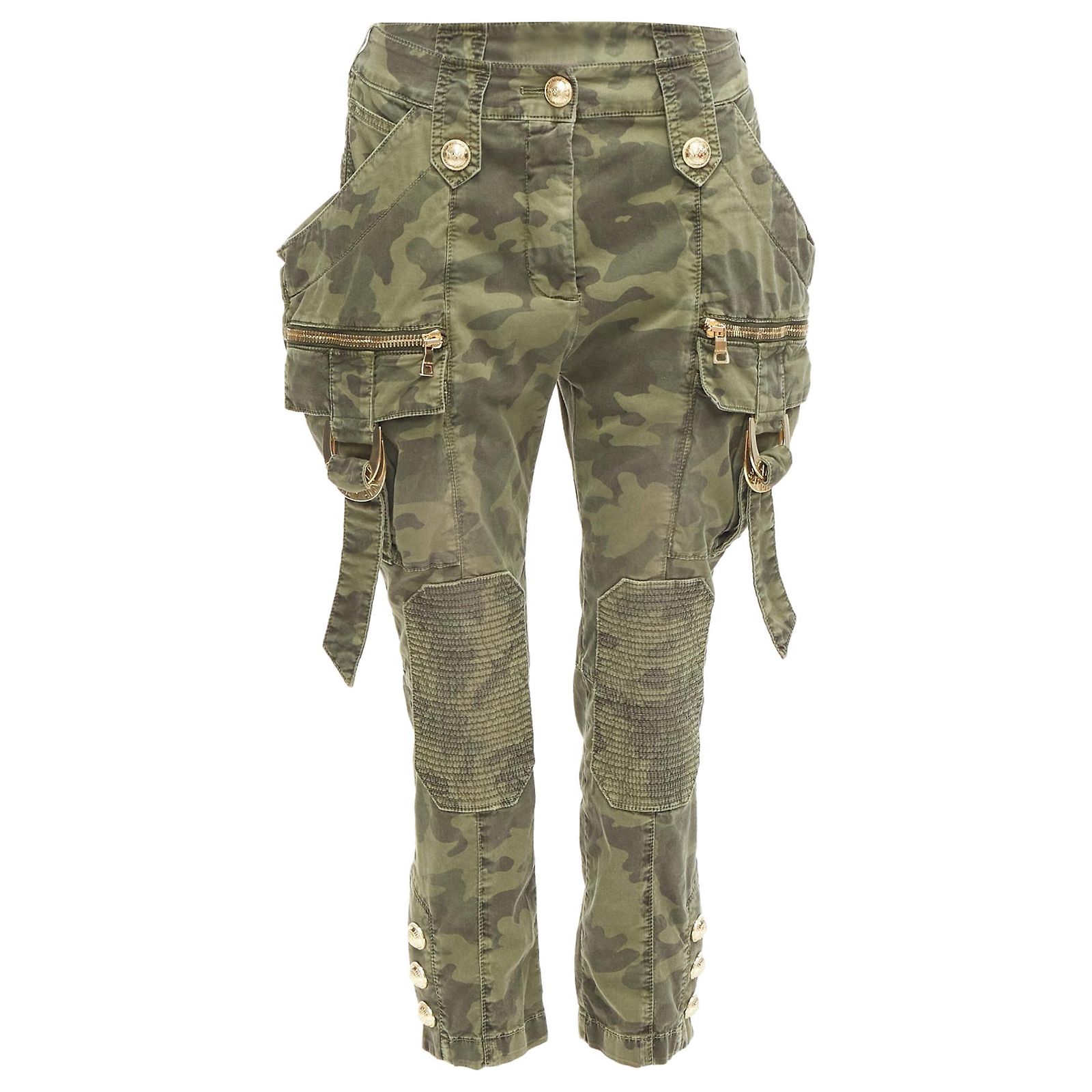 Balmain camo cotton hardware mid waist cargo biker pants Green ref 