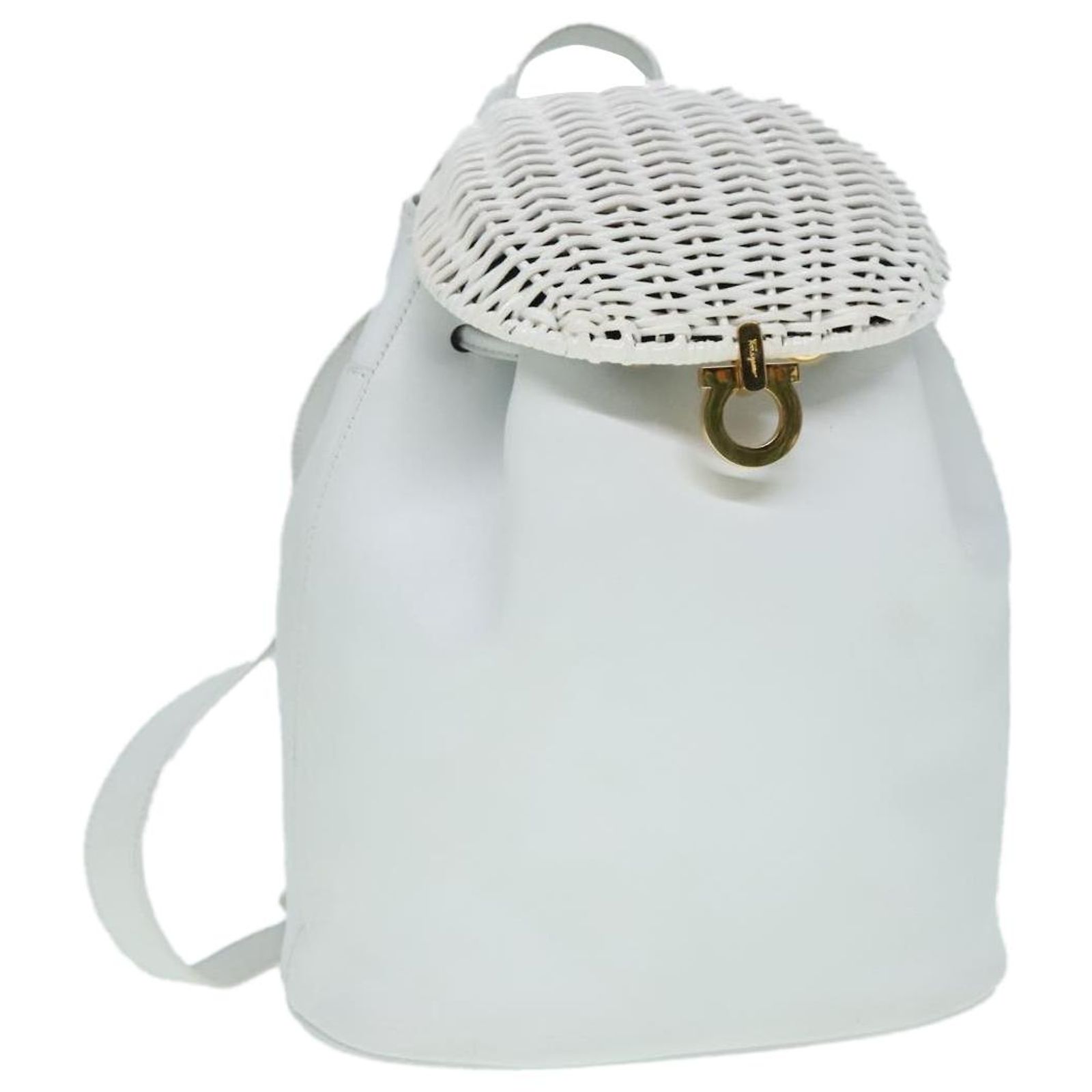 Salvatore Ferragamo Backpack Leather Wicker White Gold Auth 89808V Salvatore Ferragamo Backpack Leather Wicker White Gold Auth  main image 2