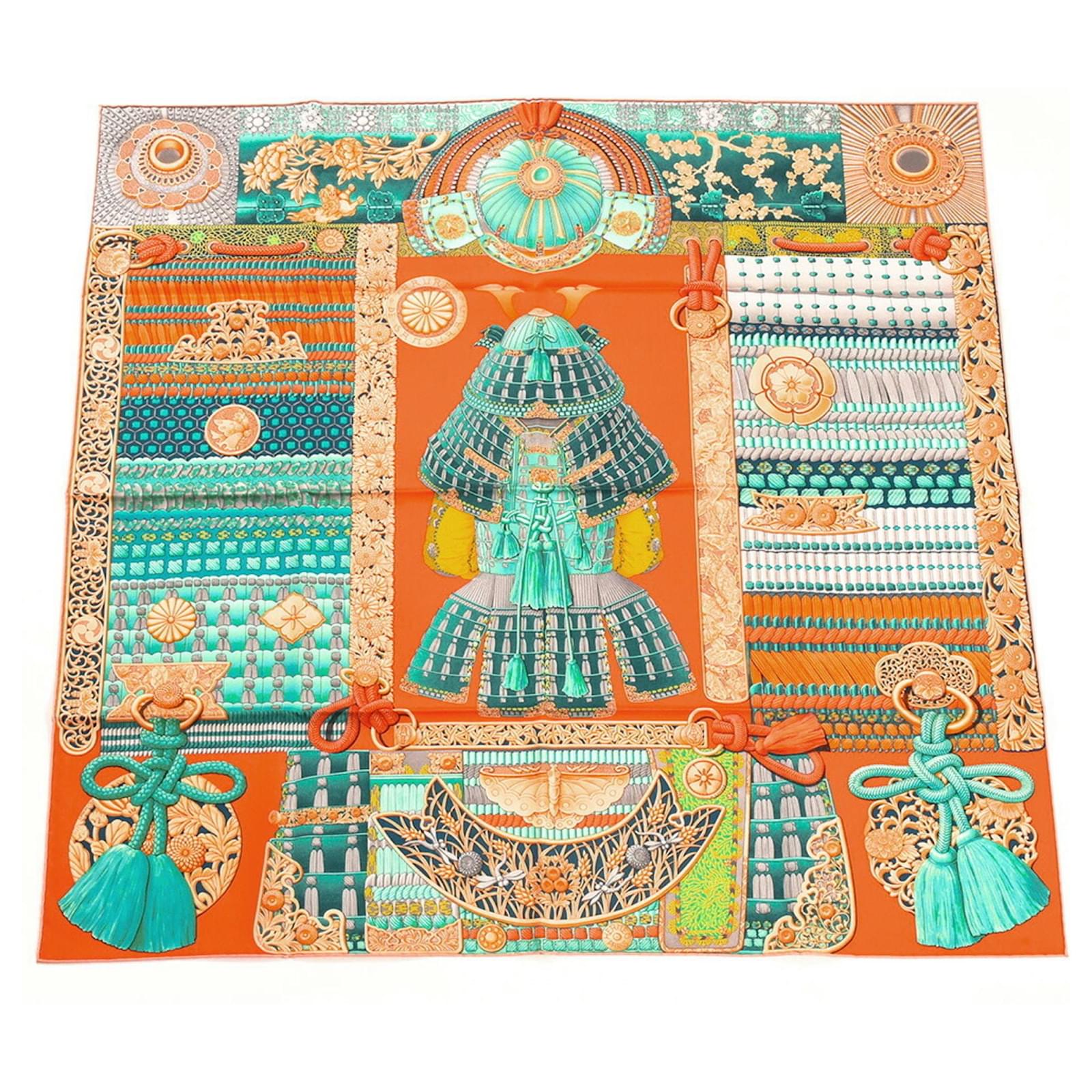 Hermès Hermes Carré 90 Samurai Armor Scarf Orange Turquoise Silk