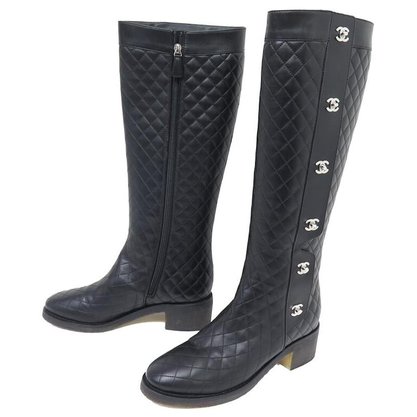 NINE CHANEL BOOTS G31202 CC LOGO CLASPS QUILTED LEATHER Black